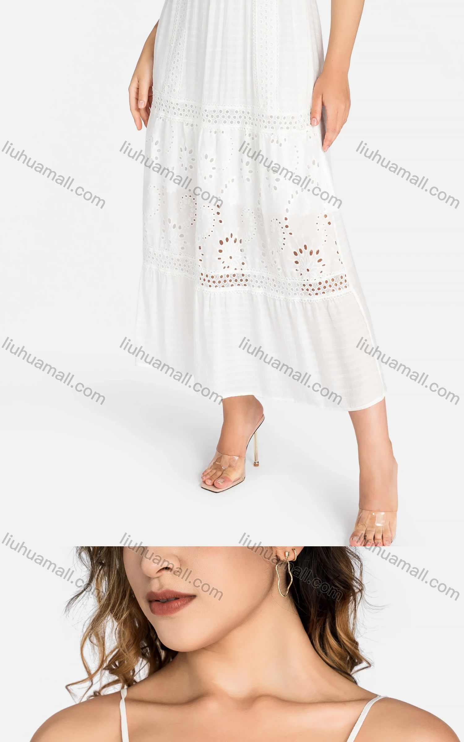 Wholesale Women's Casual Spaghetti Strap Eyelet Embroidered Tie Back Maxi Dress C4248# - Liuhuamall