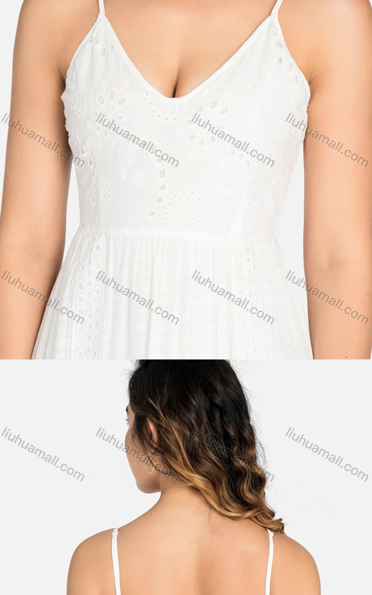 Wholesale Women's Casual Spaghetti Strap Eyelet Embroidered Tie Back Maxi Dress C4248# - Liuhuamall