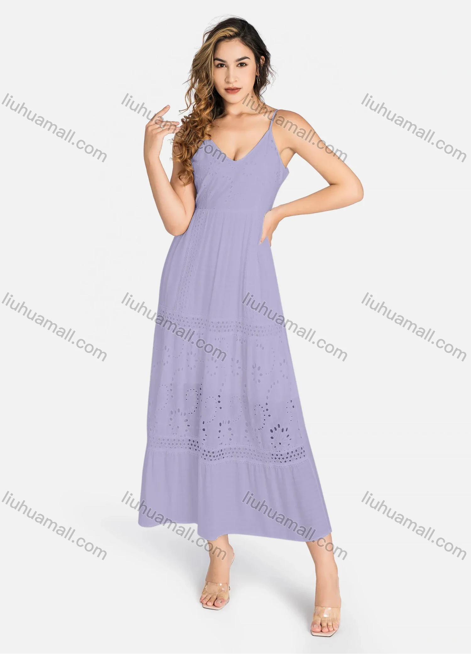 Wholesale Women's Casual Spaghetti Strap Eyelet Embroidered Tie Back Maxi Dress C4248# - Liuhuamall