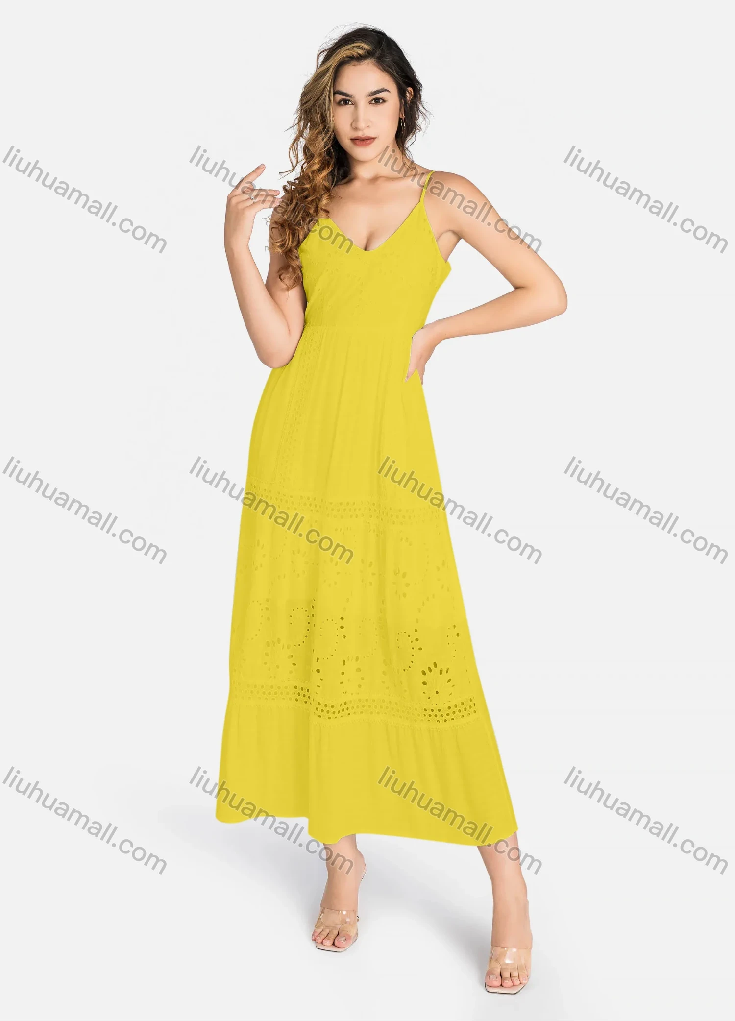 Wholesale Women's Casual Spaghetti Strap Eyelet Embroidered Tie Back Maxi Dress C4248# - Liuhuamall