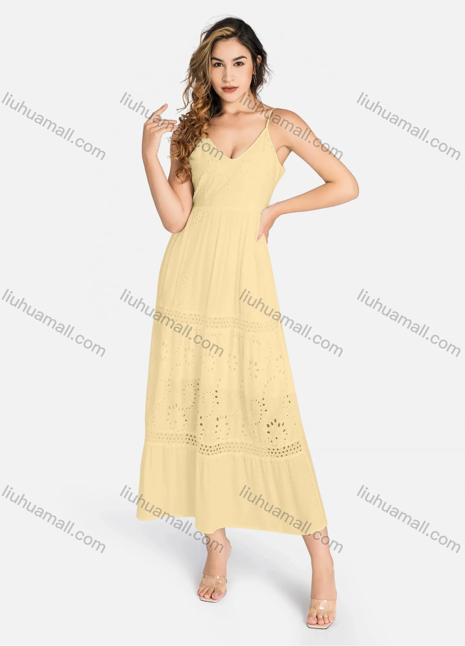 Wholesale Women's Casual Spaghetti Strap Eyelet Embroidered Tie Back Maxi Dress C4248# - Liuhuamall