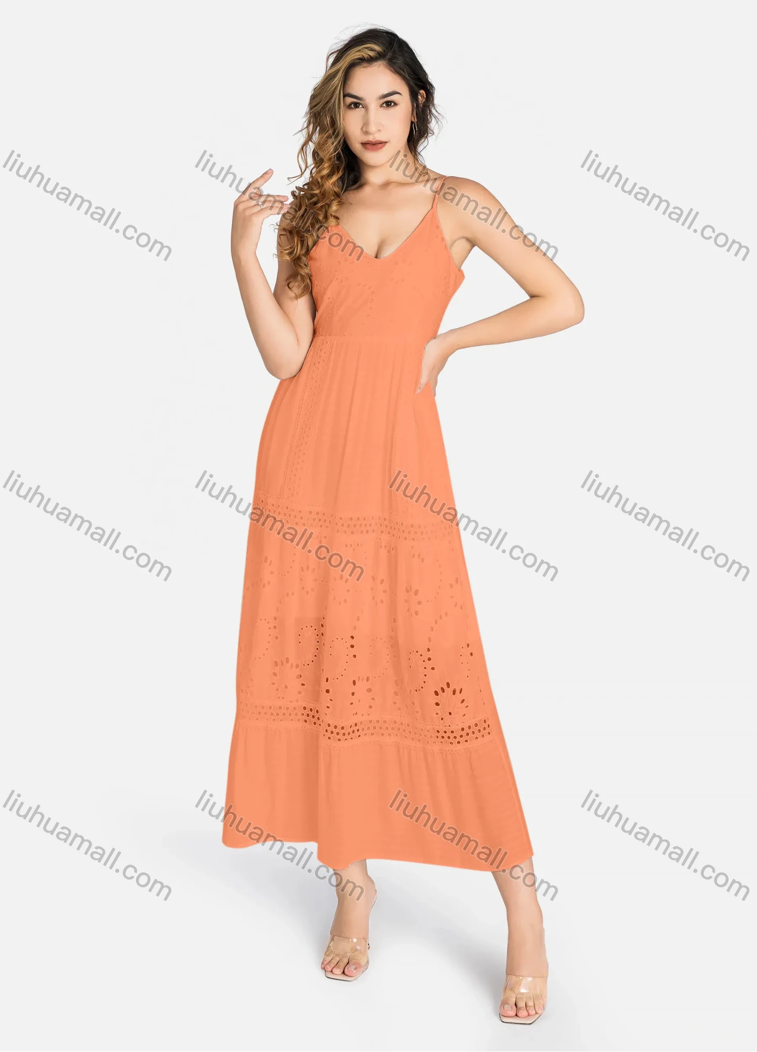Wholesale Women's Casual Spaghetti Strap Eyelet Embroidered Tie Back Maxi Dress C4248# - Liuhuamall