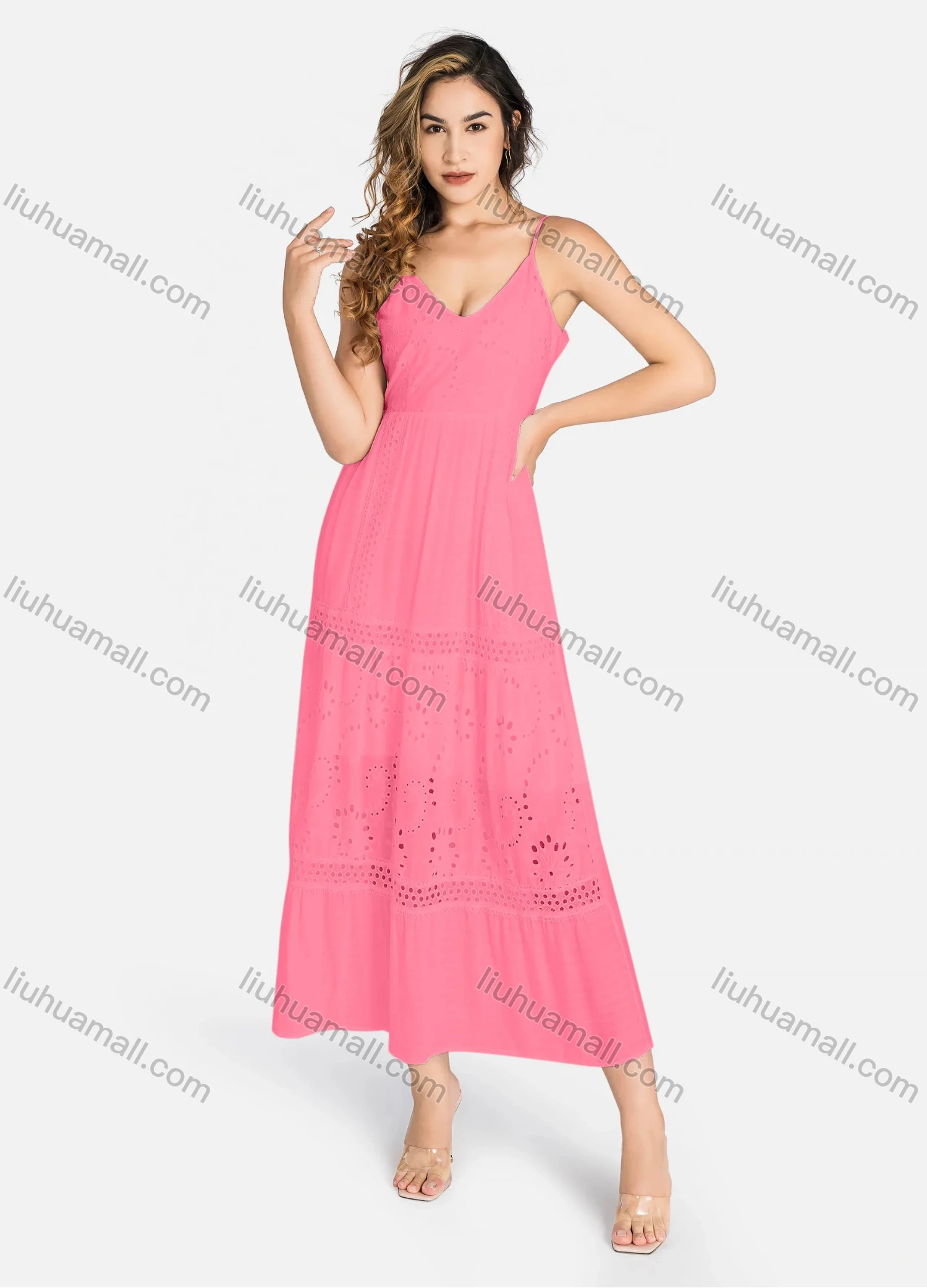 Wholesale Women's Casual Spaghetti Strap Eyelet Embroidered Tie Back Maxi Dress C4248# - Liuhuamall