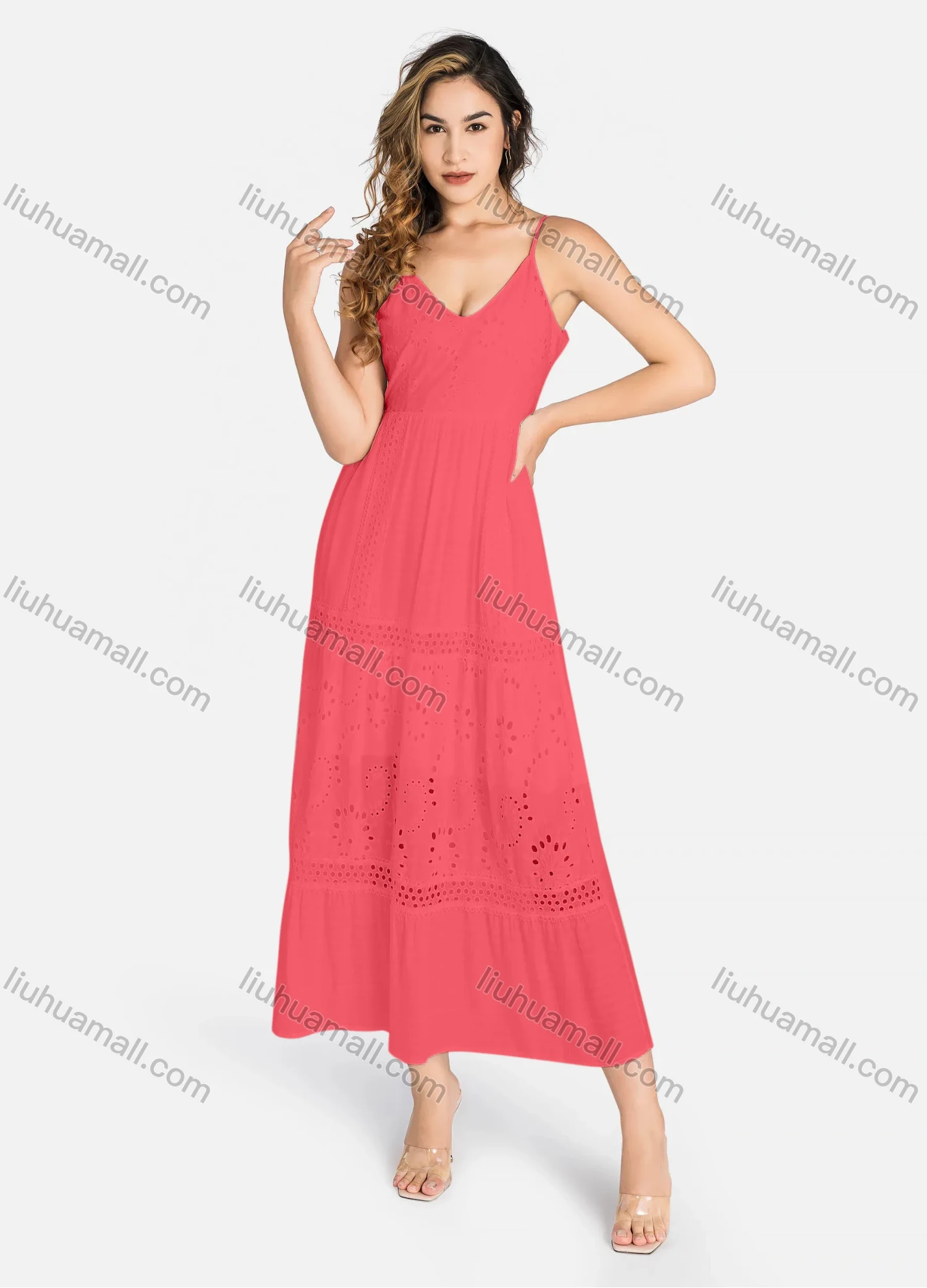 Wholesale Women's Casual Spaghetti Strap Eyelet Embroidered Tie Back Maxi Dress C4248# - Liuhuamall