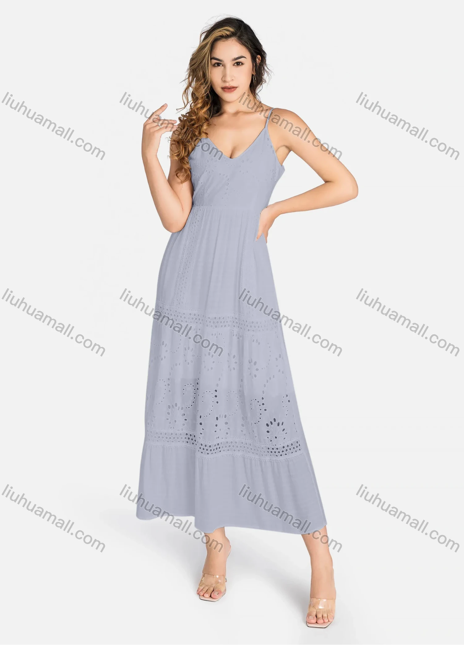 Wholesale Women's Casual Spaghetti Strap Eyelet Embroidered Tie Back Maxi Dress C4248# - Liuhuamall