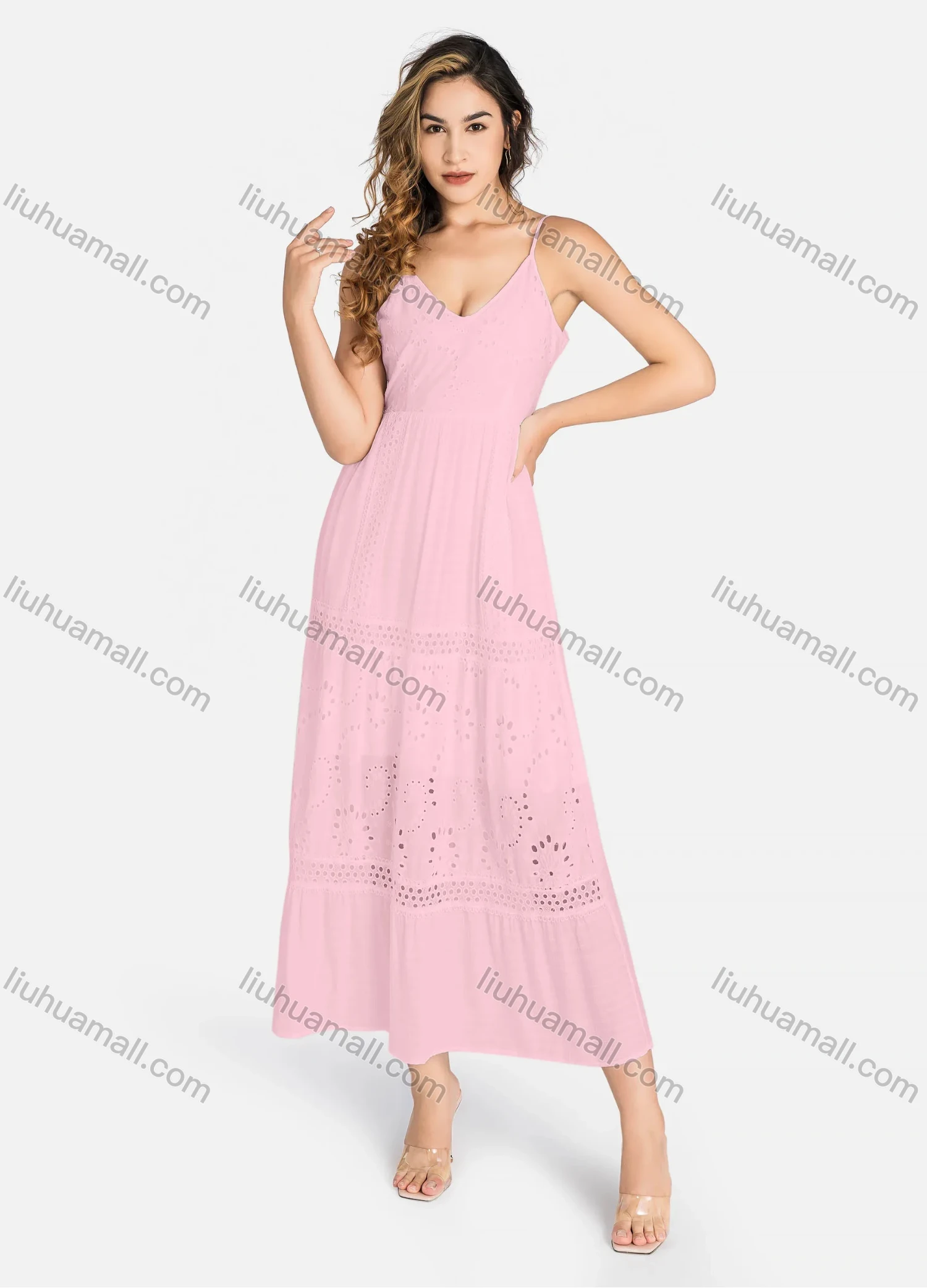 Wholesale Women's Casual Spaghetti Strap Eyelet Embroidered Tie Back Maxi Dress C4248# - Liuhuamall