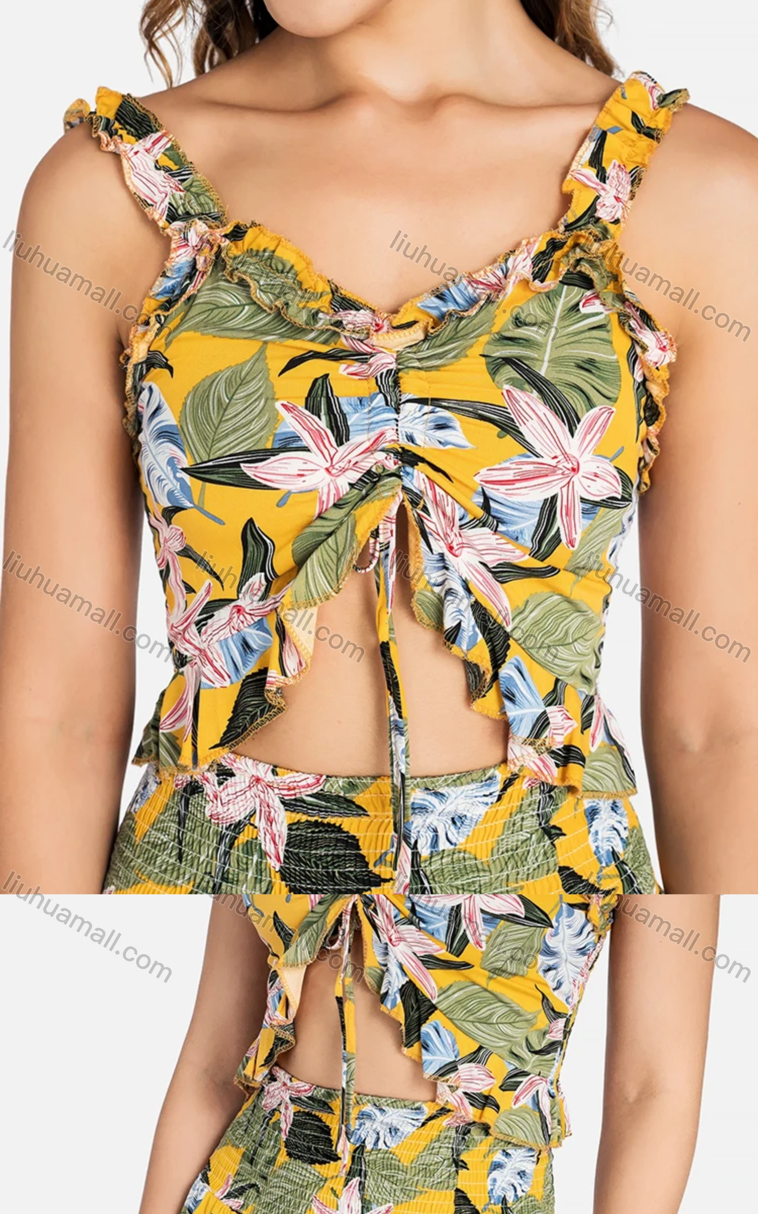 Wholesale Women's Sexy Ruffle Neck Floral Print Drawstring Ruched Cami Dress - Liuhuamall