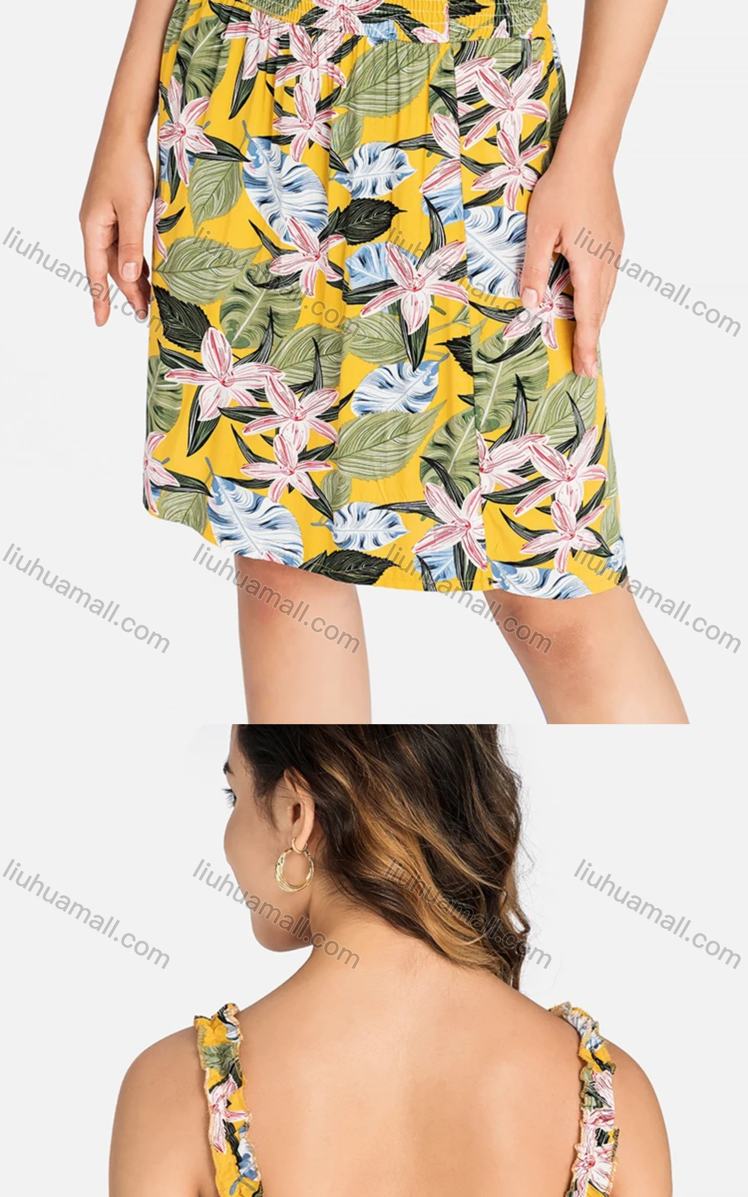 Wholesale Women's Sexy Ruffle Neck Floral Print Drawstring Ruched Cami Dress - Liuhuamall