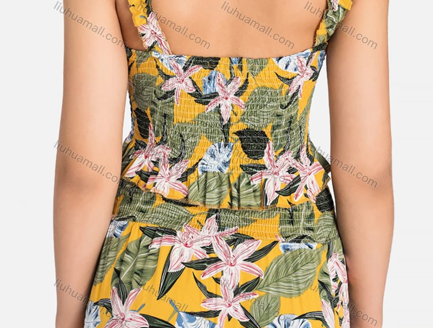 Wholesale Women's Sexy Ruffle Neck Floral Print Drawstring Ruched Cami Dress - Liuhuamall