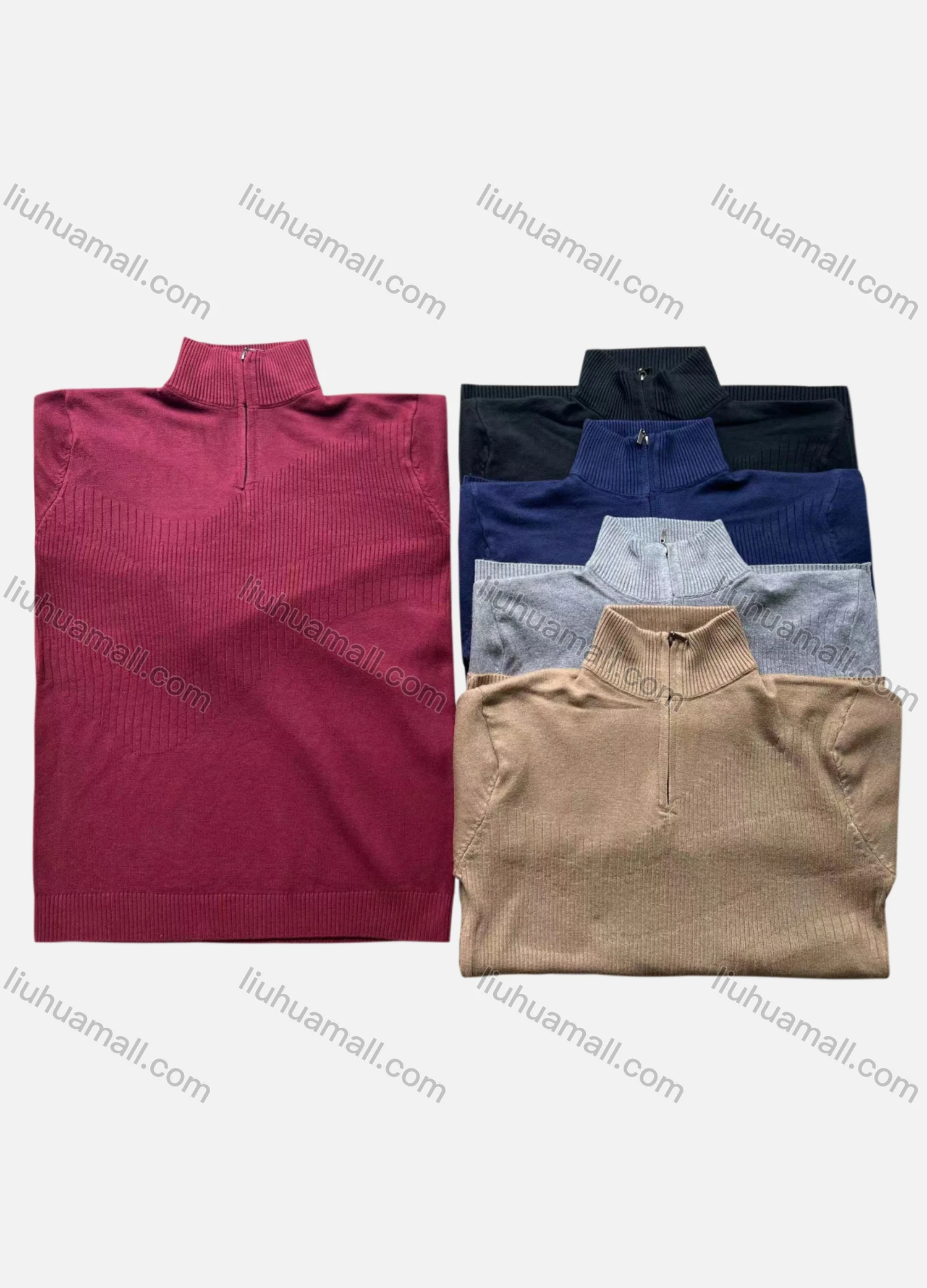 Wholesale Men's Casual Plain Stand Collar Quarter Zip Long Sleeve Knit Sweater - Liuhuamall