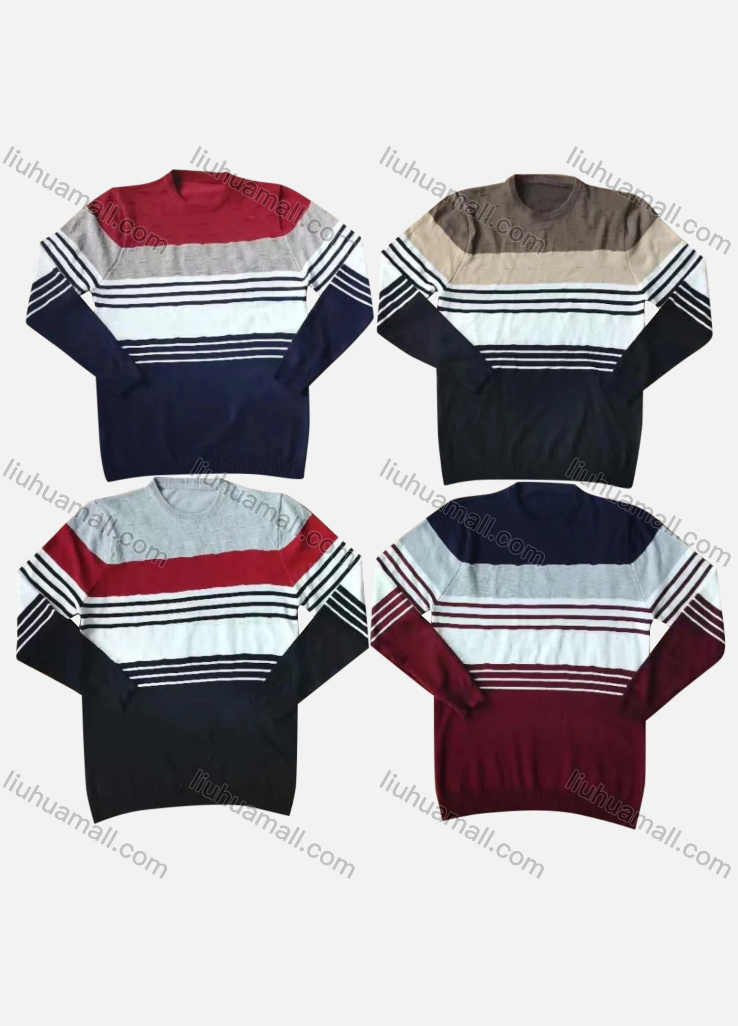 Wholesale Men's Casual Crew Neck Long Sleeve Colorblock Striped Knit Sweaters - Liuhuamall