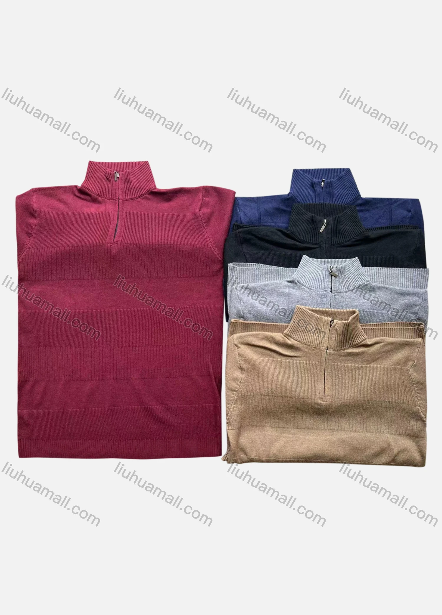 Wholesale Men's Casual Plain Stand Collar Quarter Zip Long Sleeve Knit Sweater - Liuhuamall