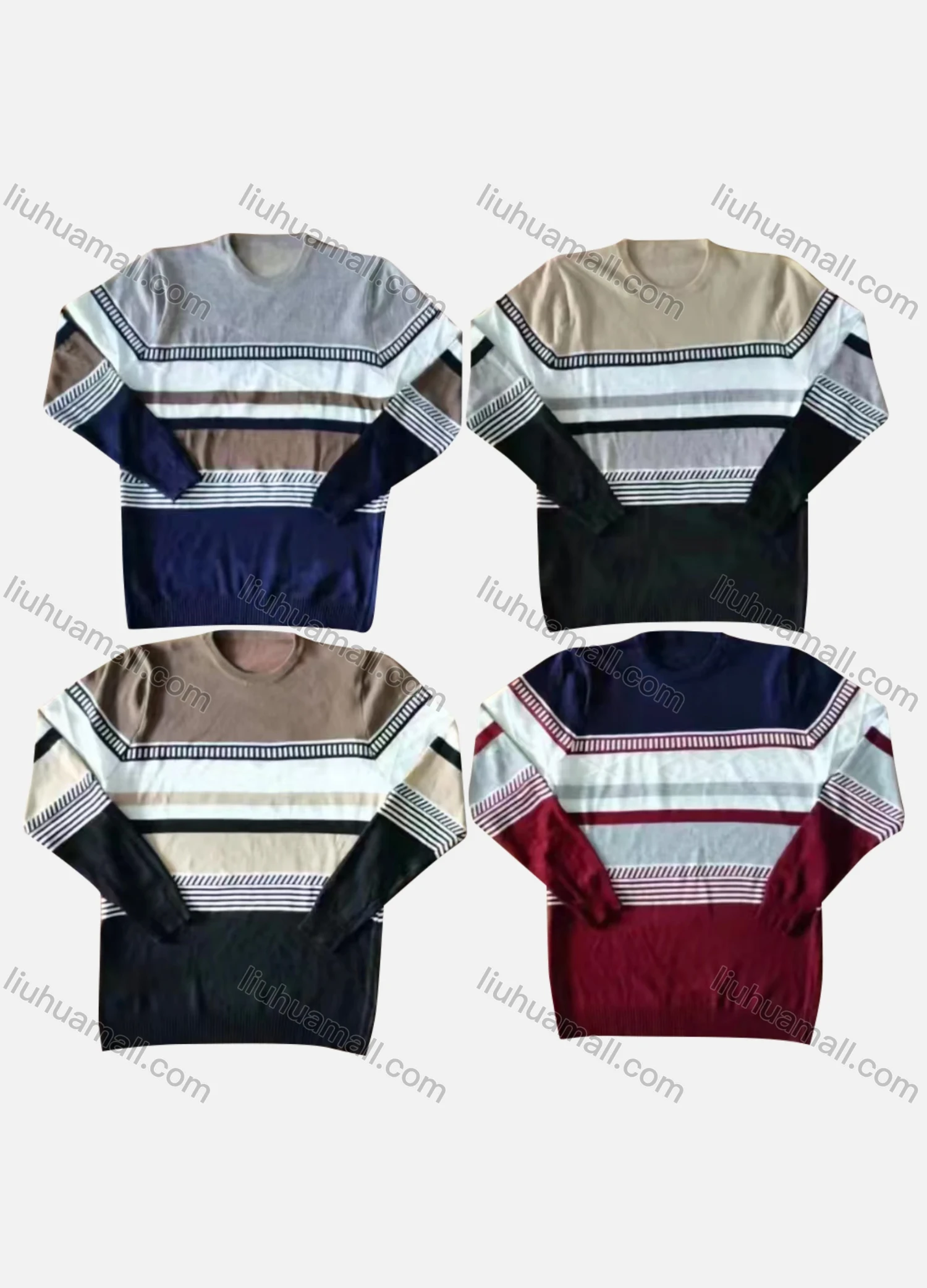 Wholesale Men's Casual Crew Neck Long Sleeve Colorblock Striped Knit Sweaters - Liuhuamall