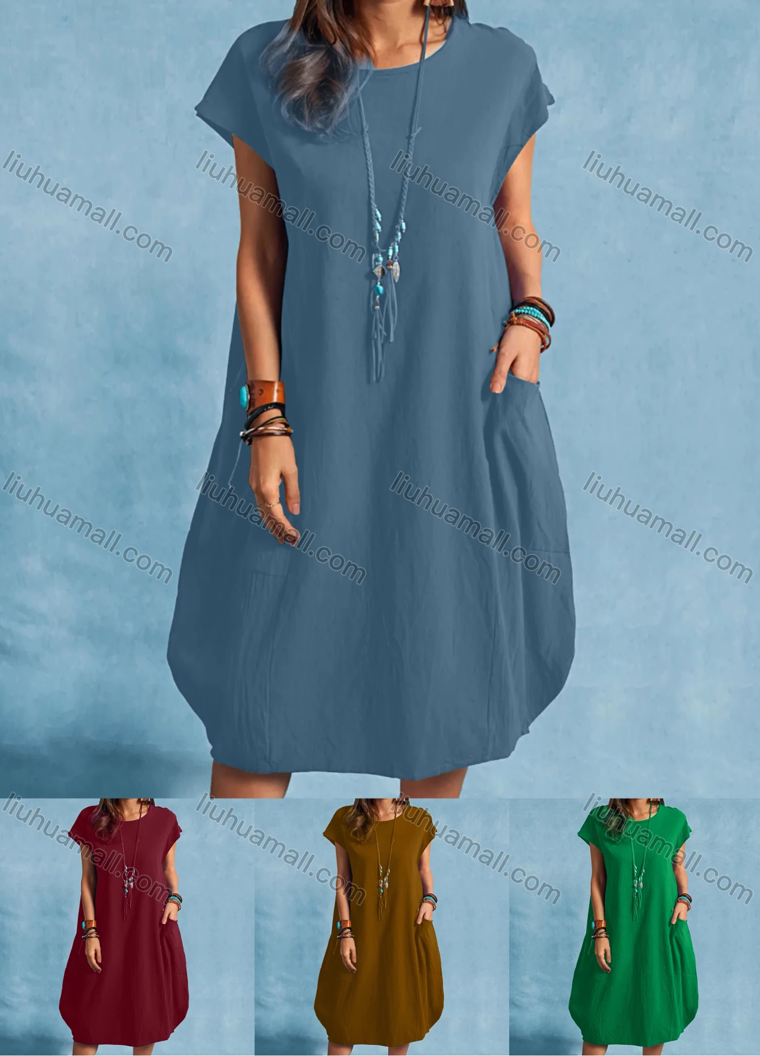 Wholesale Women's Casual Round Neck Short Sleeve Plain Short Dress - Liuhuamall
