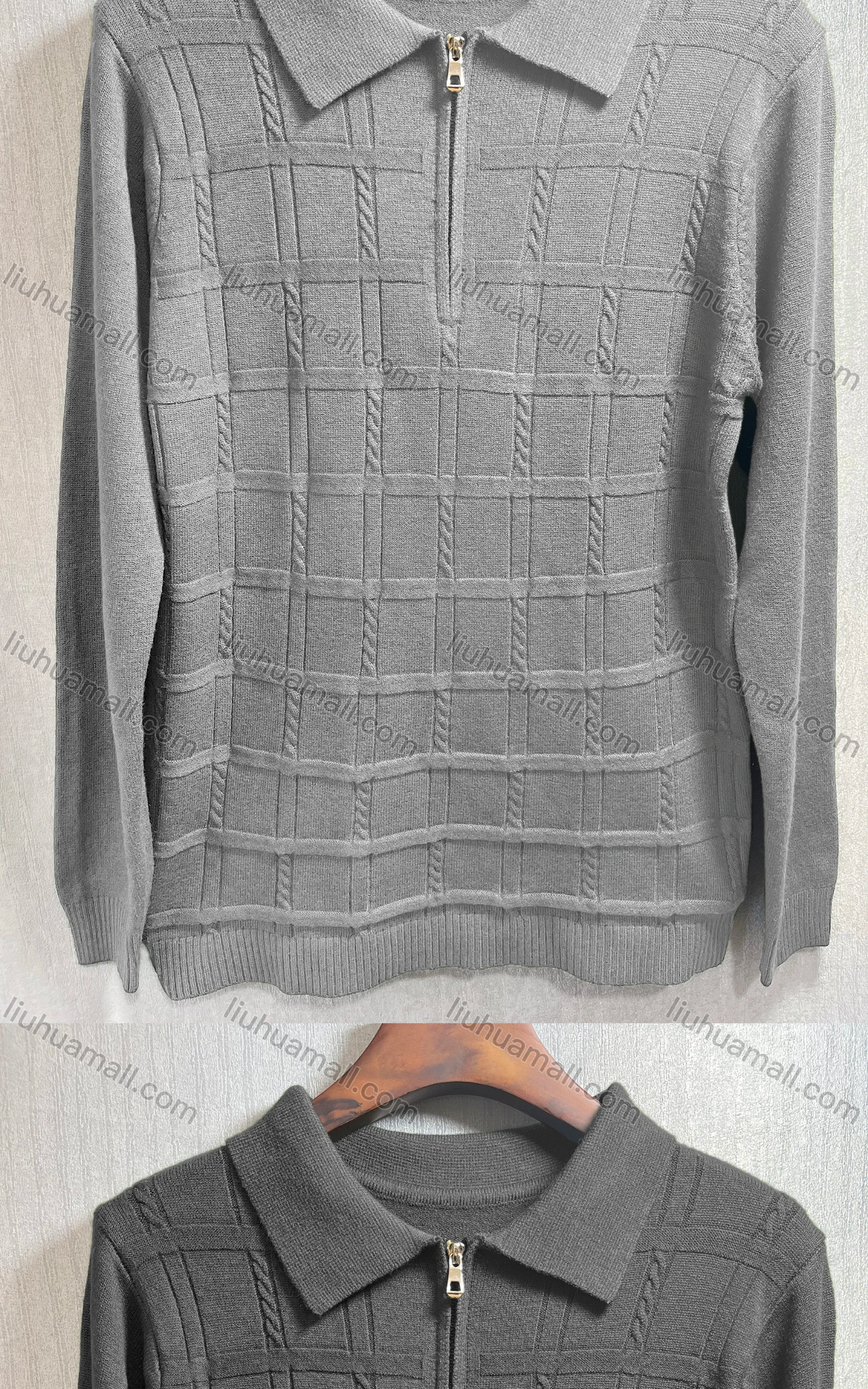 Wholesale Men's Casual Plain Plaid Turn Down Zip Long Sleeve Knit Sweater - Liuhuamall