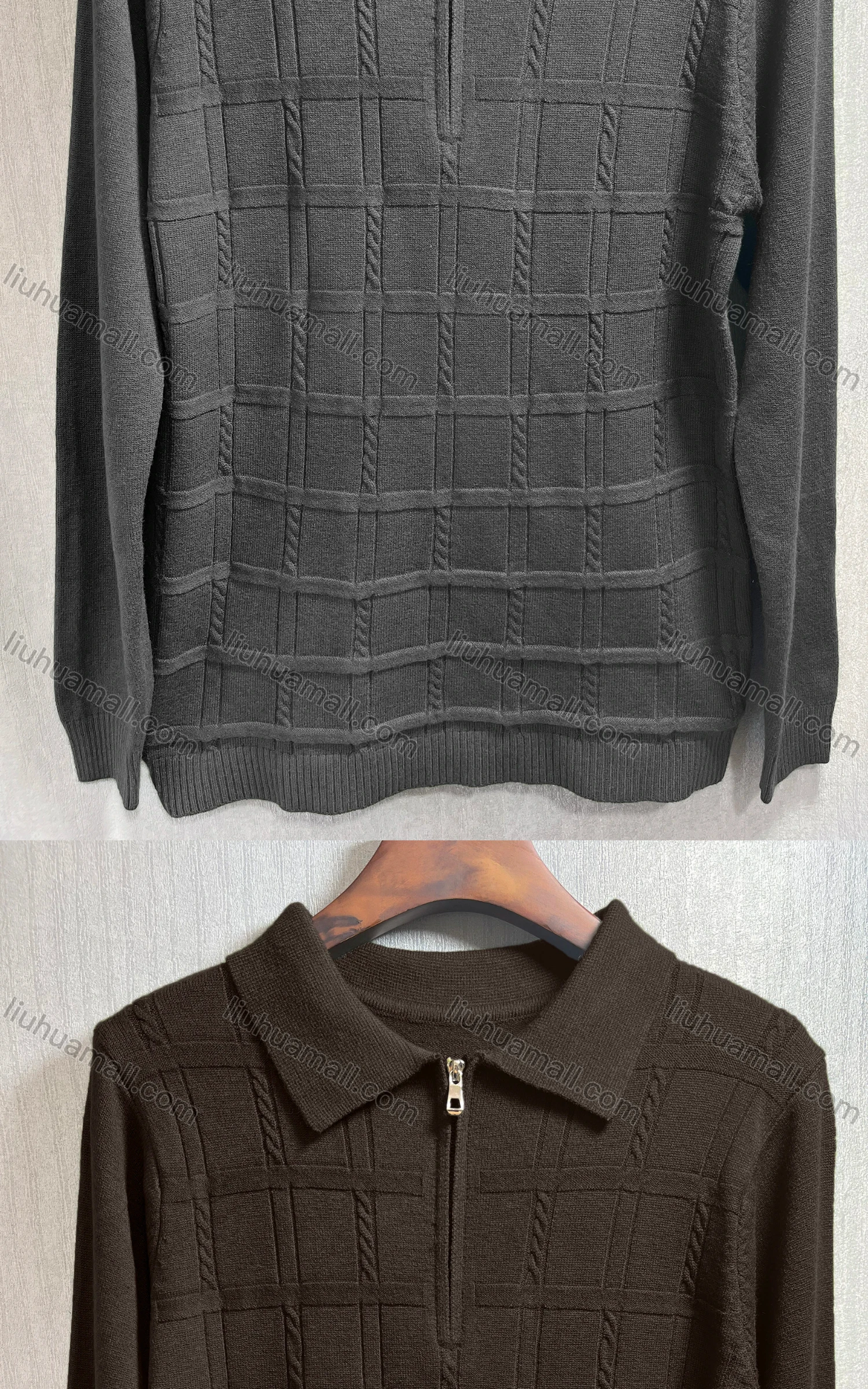 Wholesale Men's Casual Plain Plaid Turn Down Zip Long Sleeve Knit Sweater - Liuhuamall