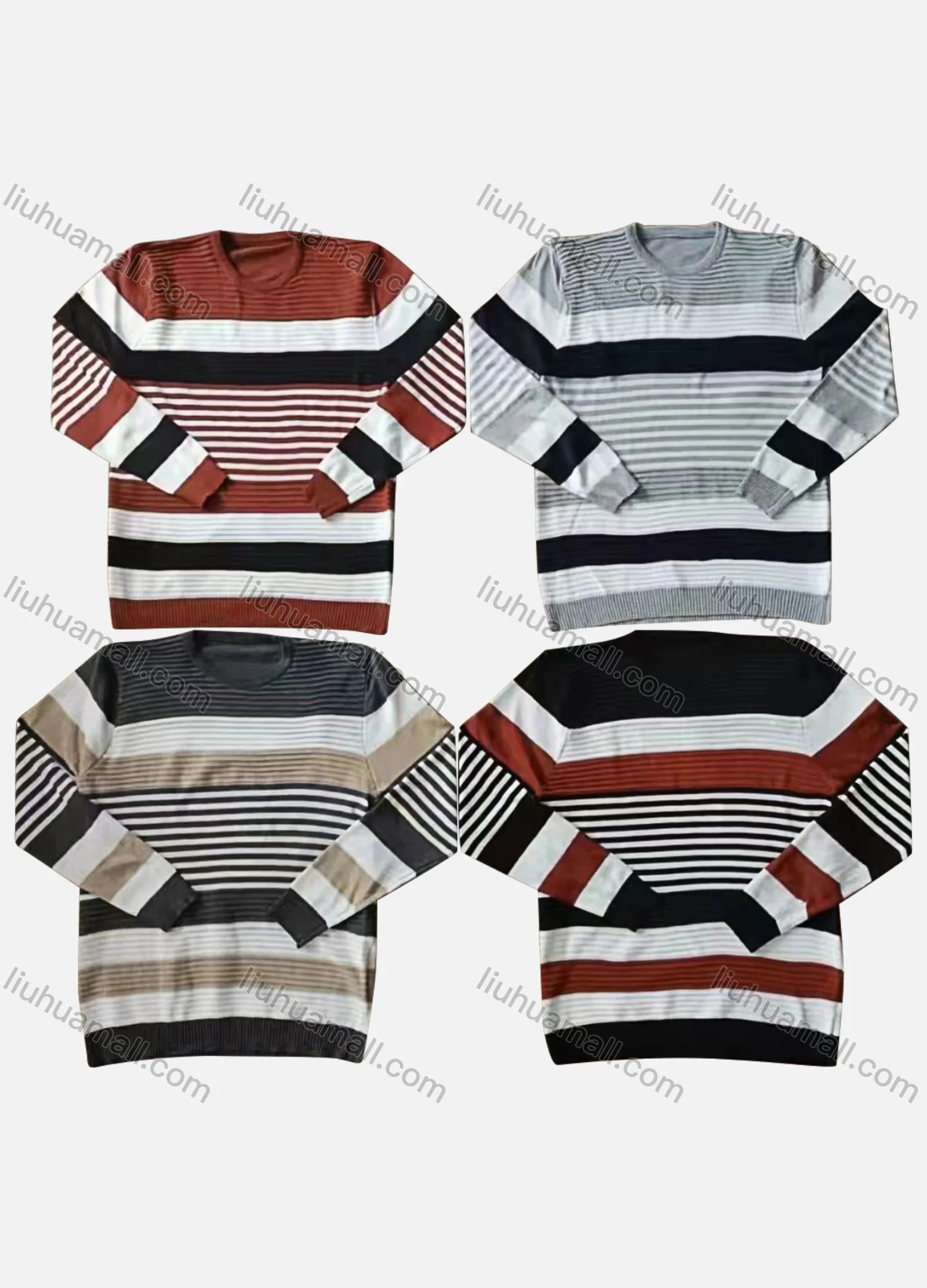 Wholesale Men's Casual Crew Neck Long Sleeve Colorblock Striped Knit Sweaters - Liuhuamall