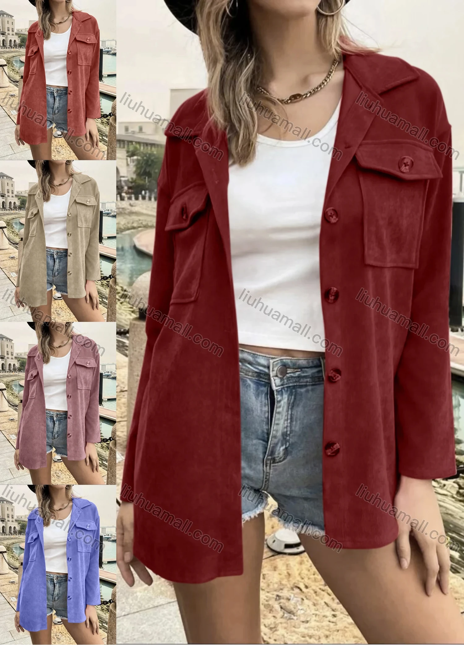 Wholesale Women's Casual Plain Collared Button Down Flap Pocket Overshirt AY03# - Liuhuamall