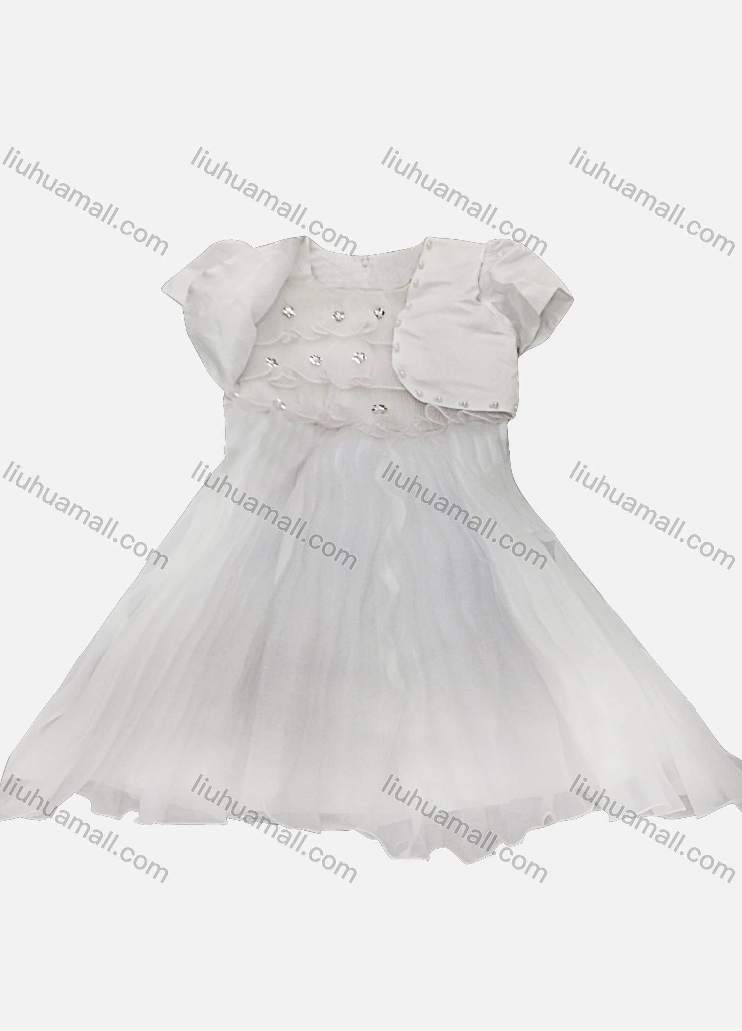 Wholesale Girls Lovely Rhinestone Ruffle Trim Zipper Back Flower Dress & Crop Cardigan Set - Liuhuamall