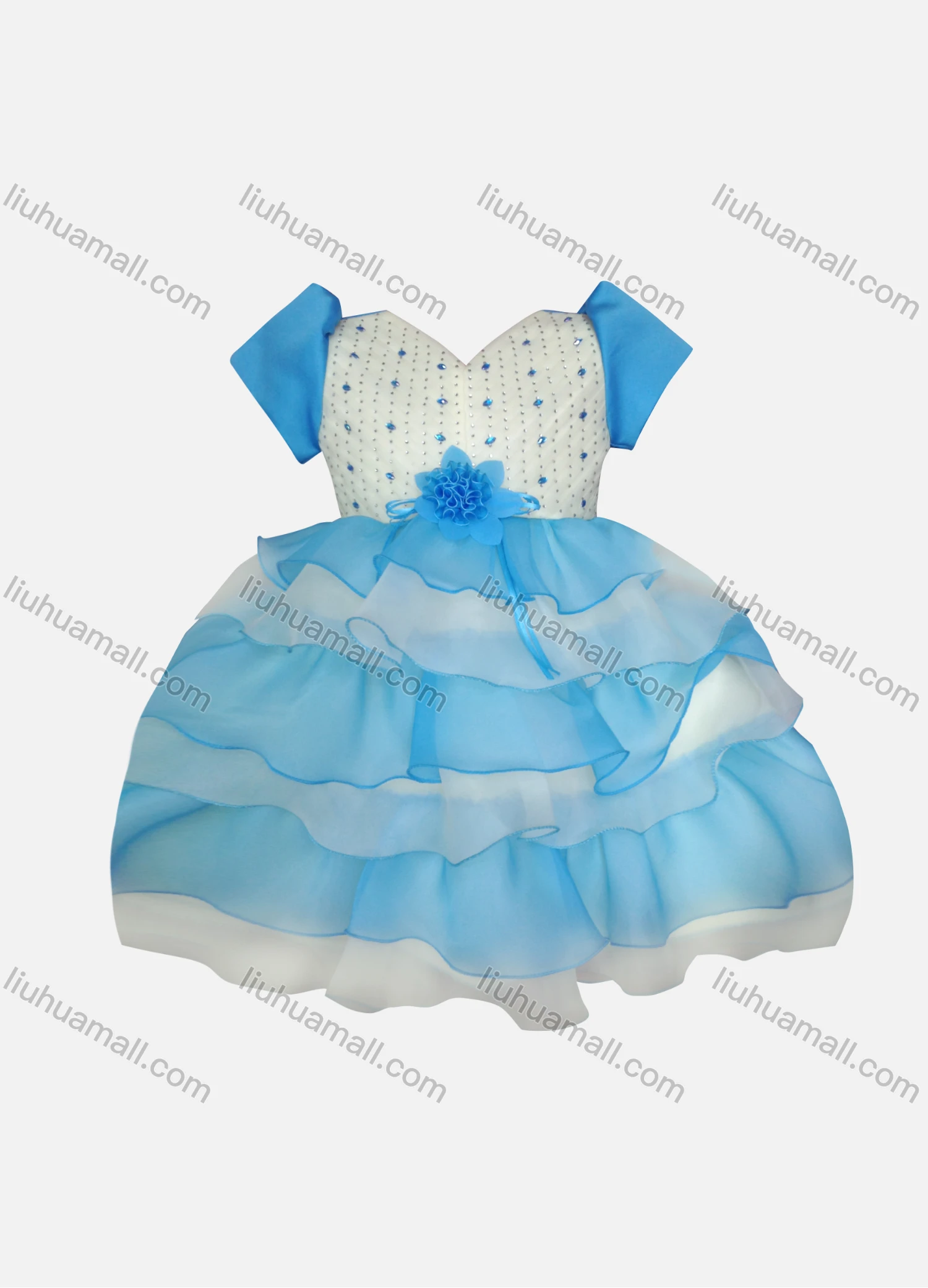 Wholesale Girls Lovely Rhinestone Ruffle Trim Zipper Back Layered Flower Dress & Crop Cardigan Set - Liuhuamall