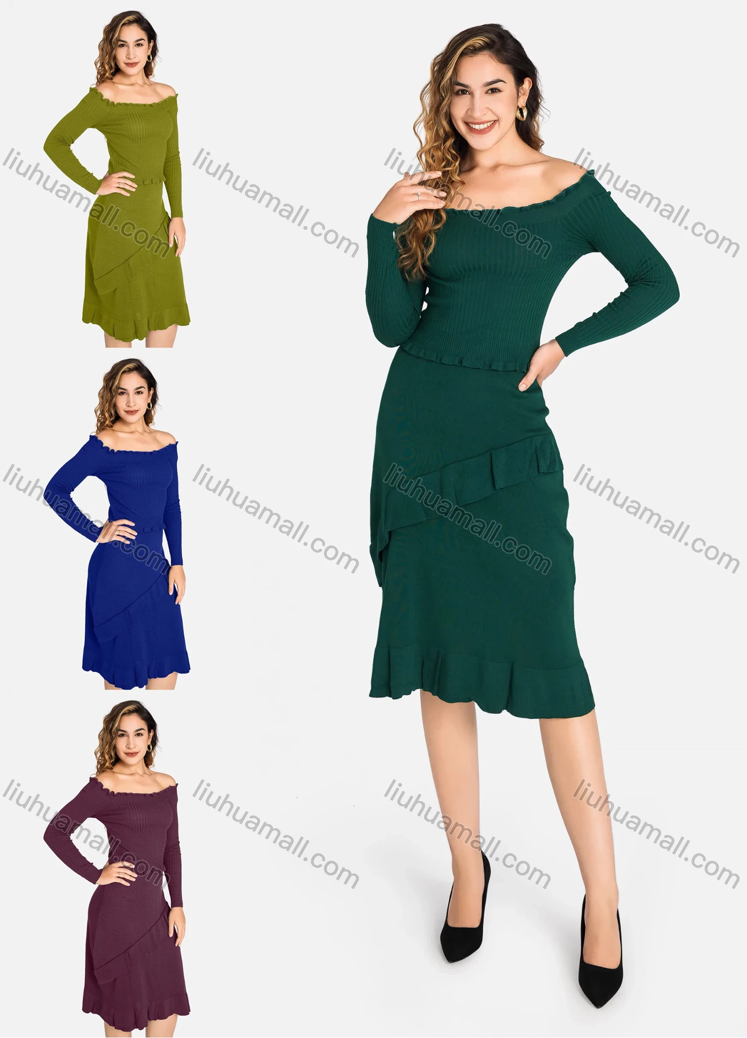 Wholesale Women's Casual Off Shoulder Long Sleeve Ruched Ruffle Hem Layered Dress 2201# - Liuhuamall