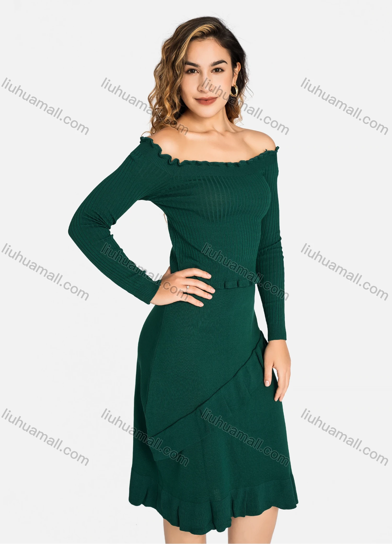 Wholesale Women's Casual Off Shoulder Long Sleeve Ruched Ruffle Hem Layered Dress 2201# - Liuhuamall