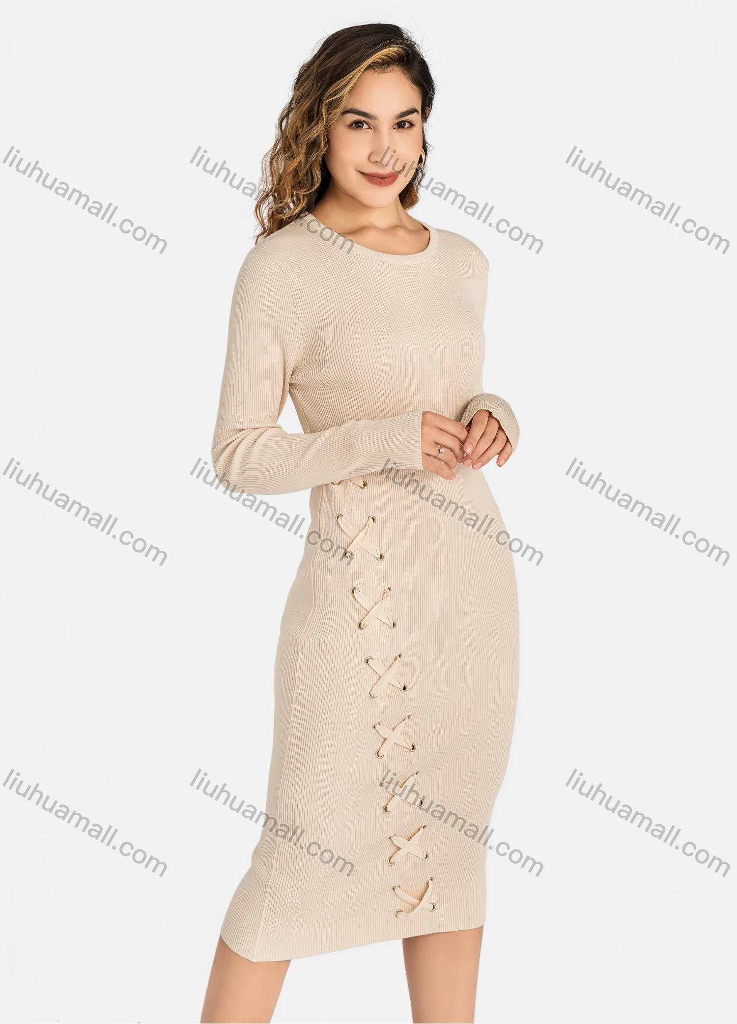 Wholesale Women's Crew Neck Long Sleeve Slim Fit Knee Length Knit Ribbed Sweater Dress 2272# - Liuhuamall