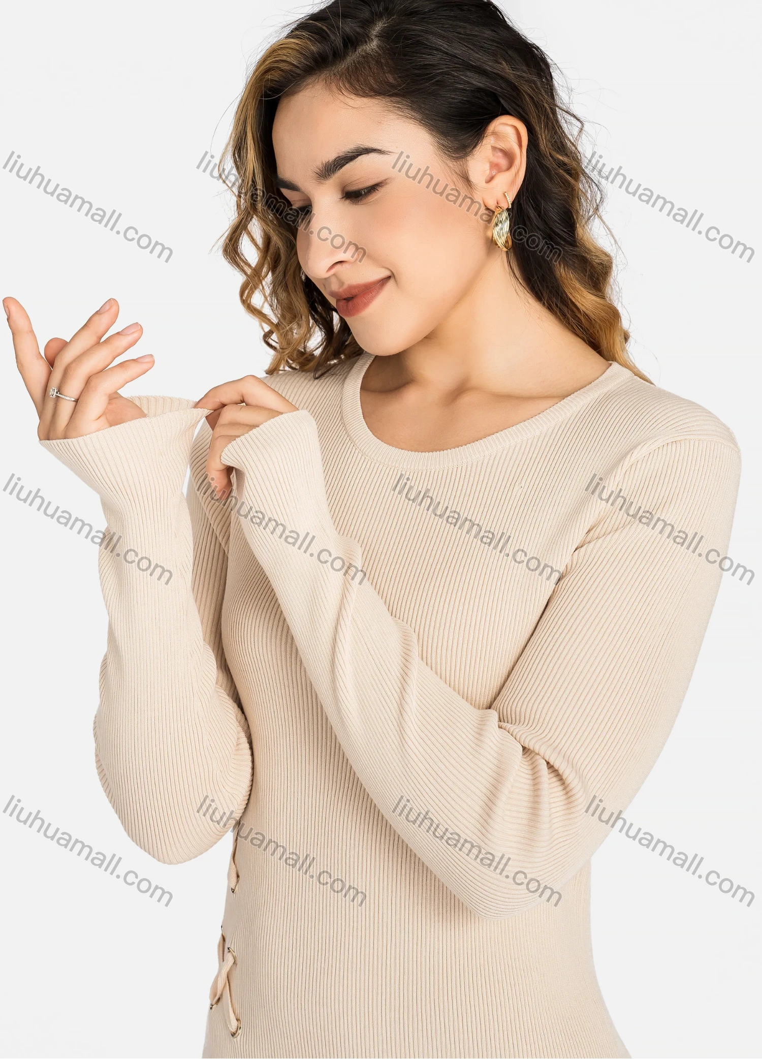 Wholesale Women's Crew Neck Long Sleeve Slim Fit Knee Length Knit Ribbed Sweater Dress 2272# - Liuhuamall