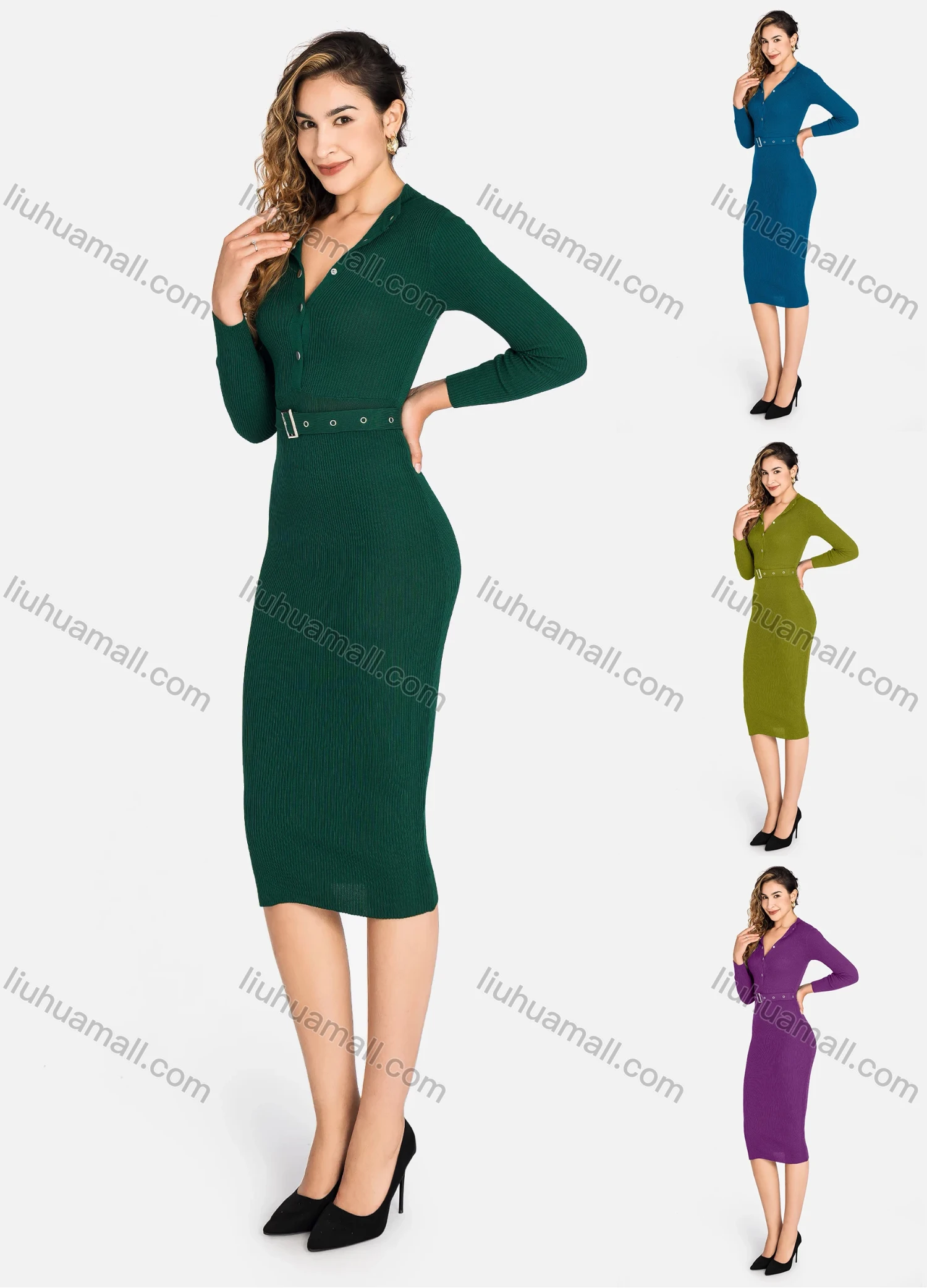 Wholesale Women's Casual Mock Neck Long Sleeve Slim Fit Button Knee Length Dress With Belt 2273# - Liuhuamall