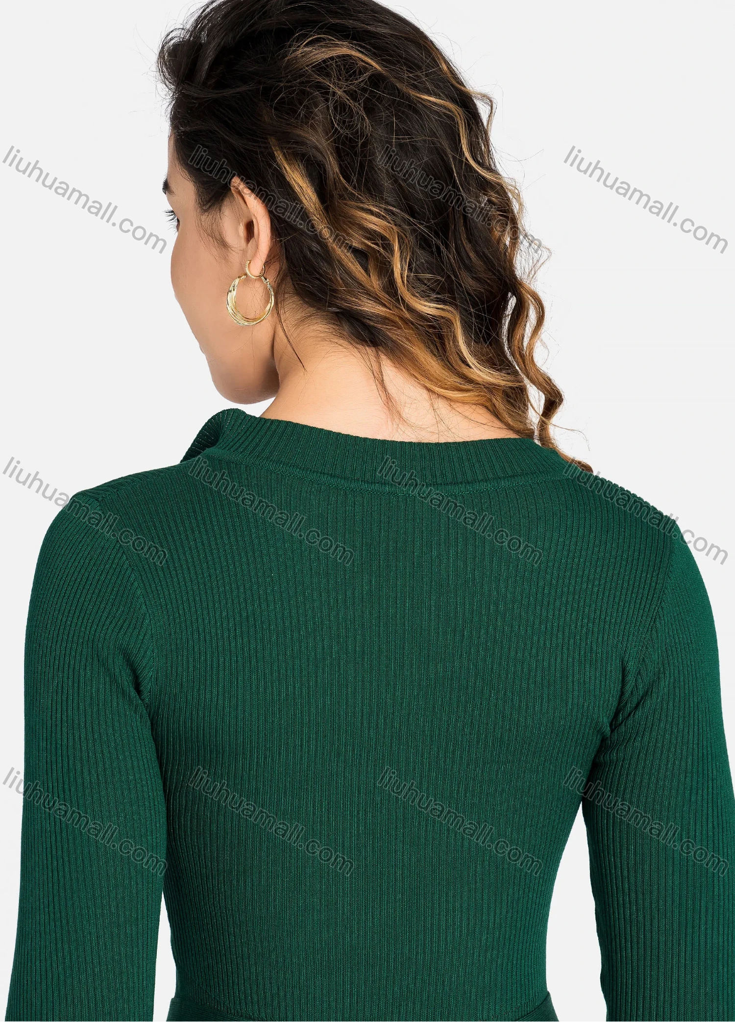 Wholesale Women's Casual Mock Neck Long Sleeve Slim Fit Button Knee Length Dress With Belt 2273# - Liuhuamall