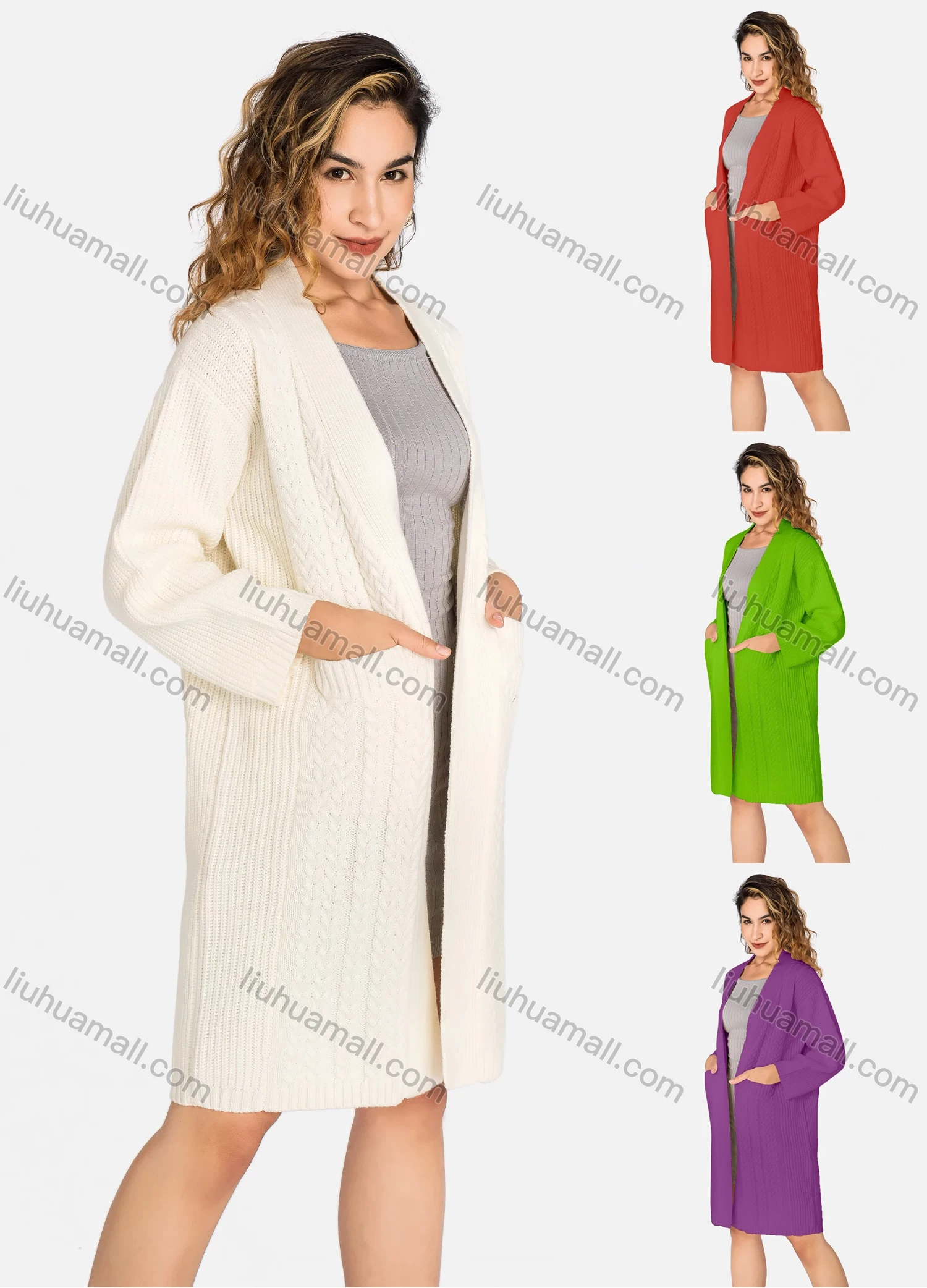 Wholesale Women's Casual Plain Patch Pockets Cable Knit Daily Knit Cardigan 2276# - Liuhuamall