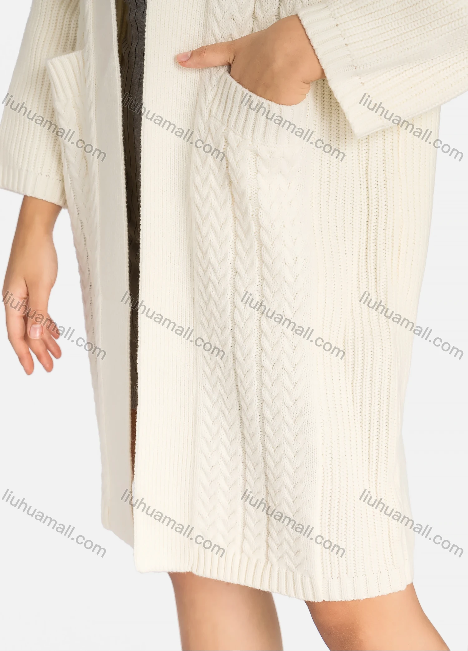 Wholesale Women's Casual Plain Patch Pockets Cable Knit Daily Knit Cardigan 2276# - Liuhuamall