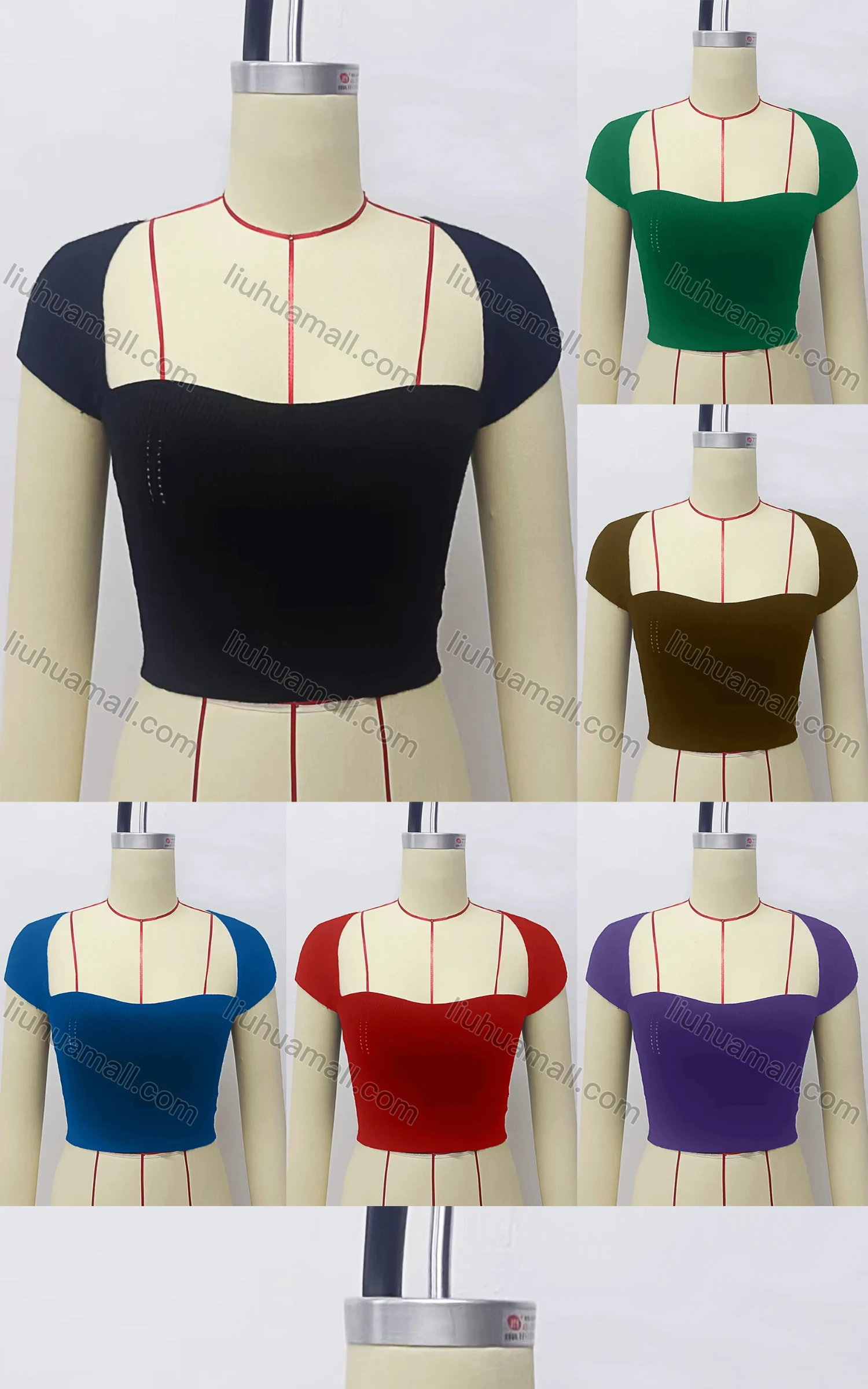 Wholesale Women's Sexy Square Neck Short Sleeve Plain Crop Knit Bandeau Top - Liuhuamall