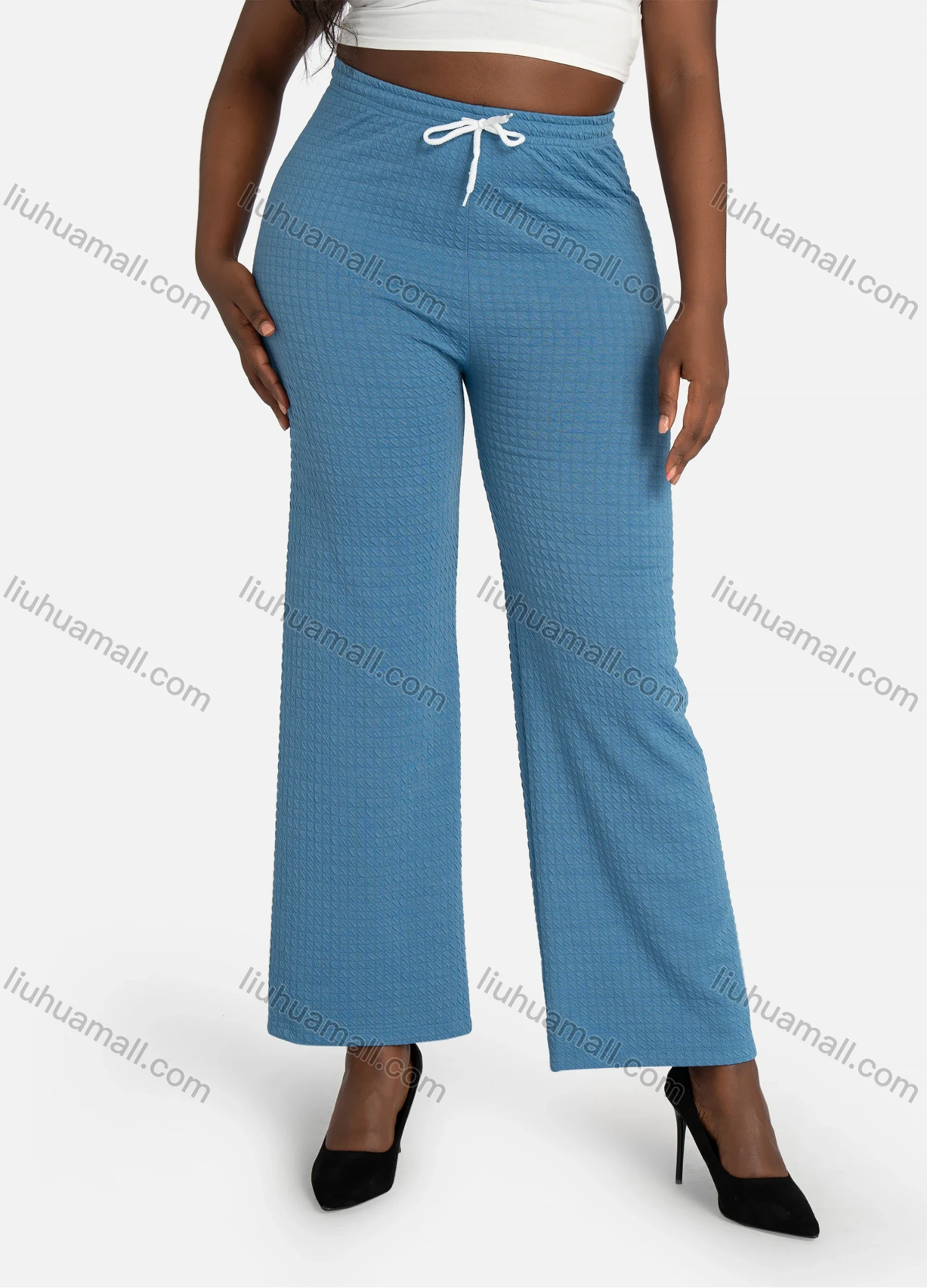 Wholesale Women's Casual Plain Waffle Jacquard High Waist Wide Leg Pants With Drawstring - Liuhuamall