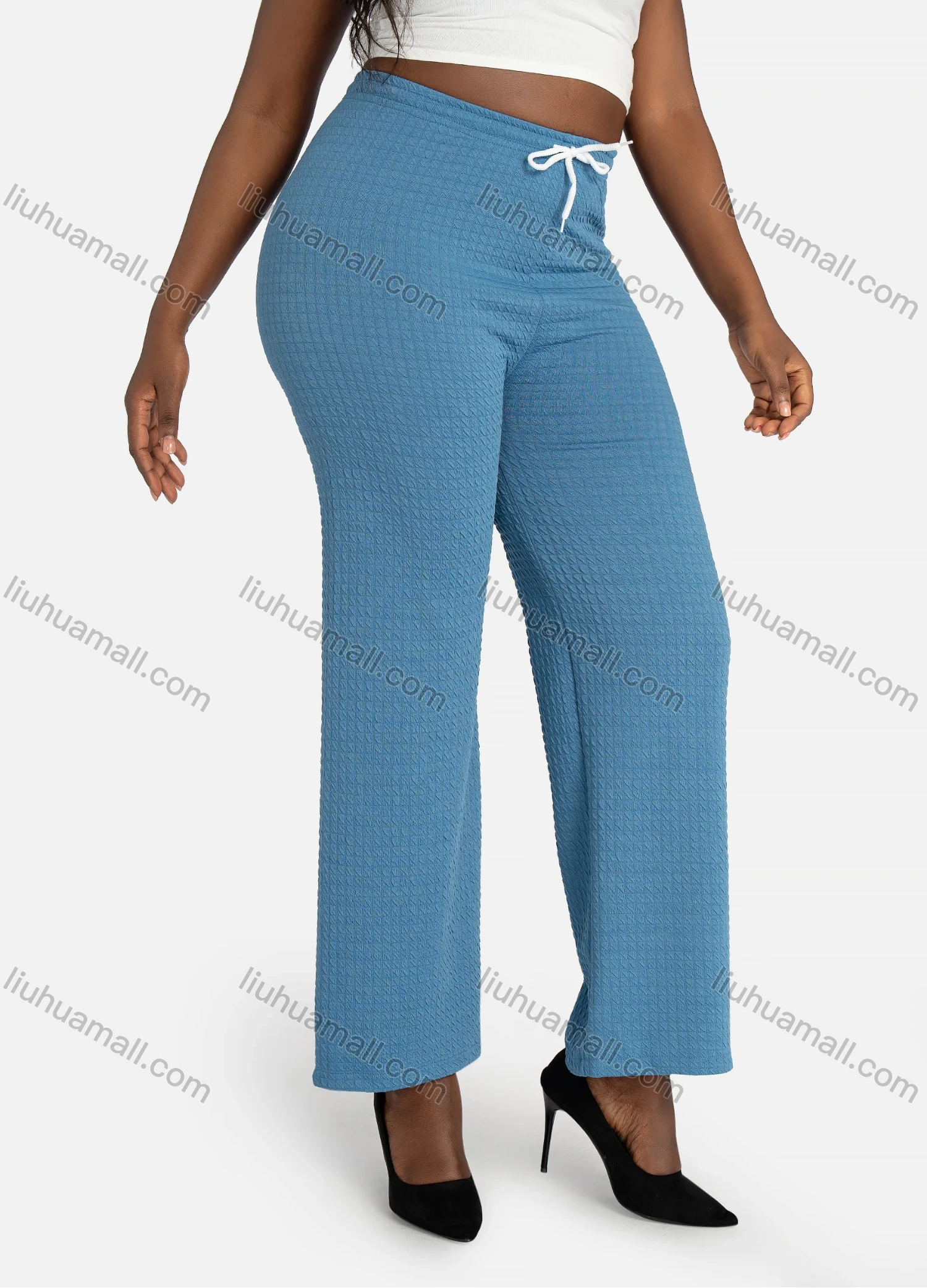 Wholesale Women's Casual Plain Waffle Jacquard High Waist Wide Leg Pants With Drawstring - Liuhuamall