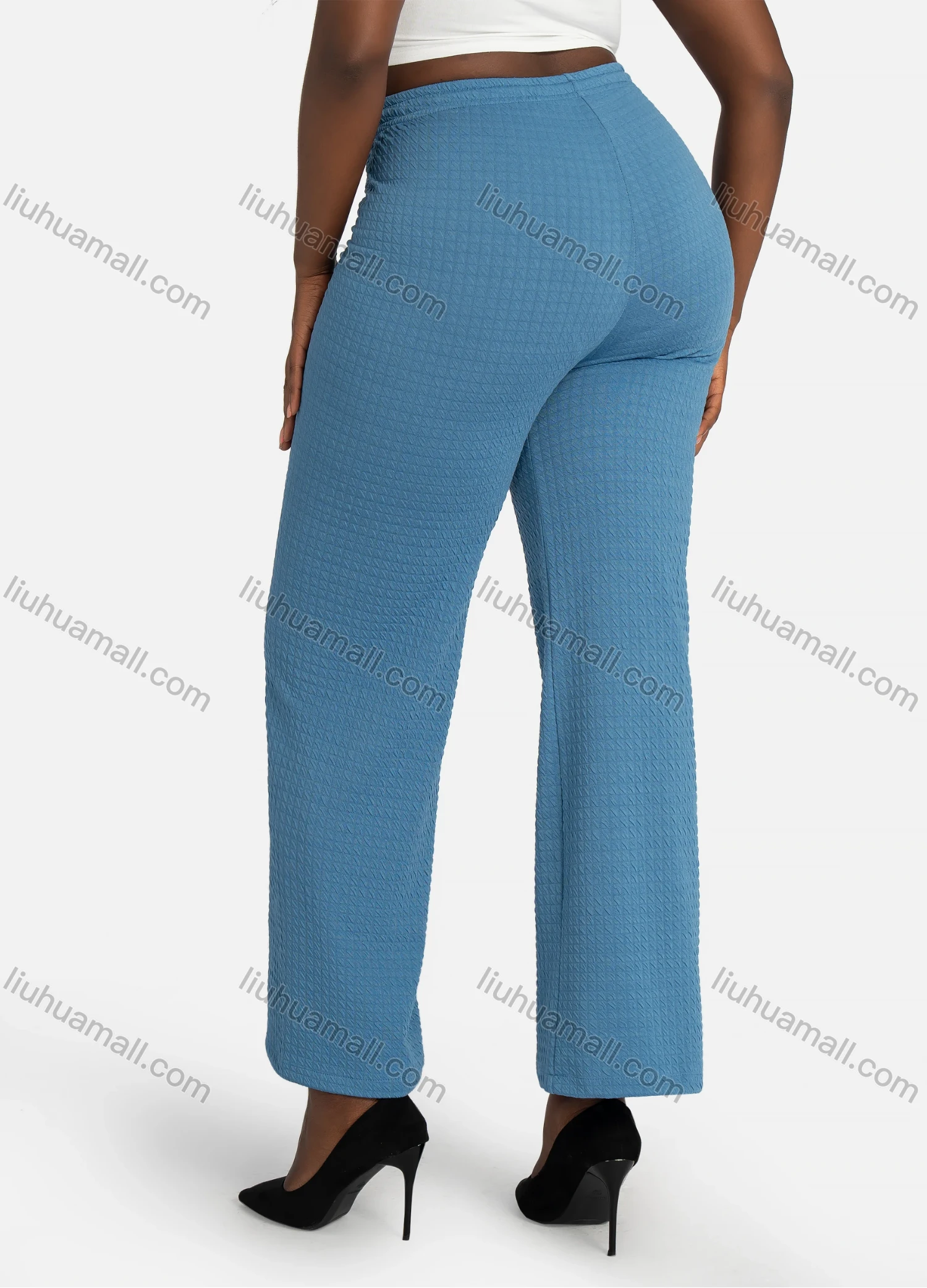 Wholesale Women's Casual Plain Waffle Jacquard High Waist Wide Leg Pants With Drawstring - Liuhuamall