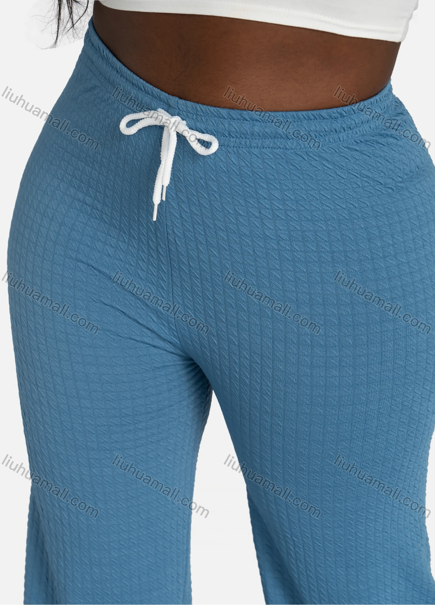 Wholesale Women's Casual Plain Waffle Jacquard High Waist Wide Leg Pants With Drawstring - Liuhuamall