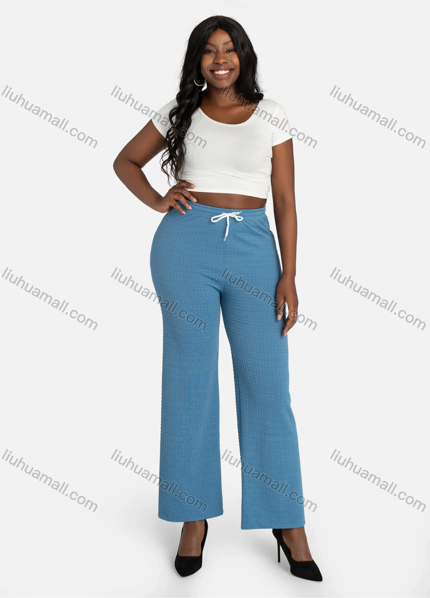 Wholesale Women's Casual Plain Waffle Jacquard High Waist Wide Leg Pants With Drawstring - Liuhuamall