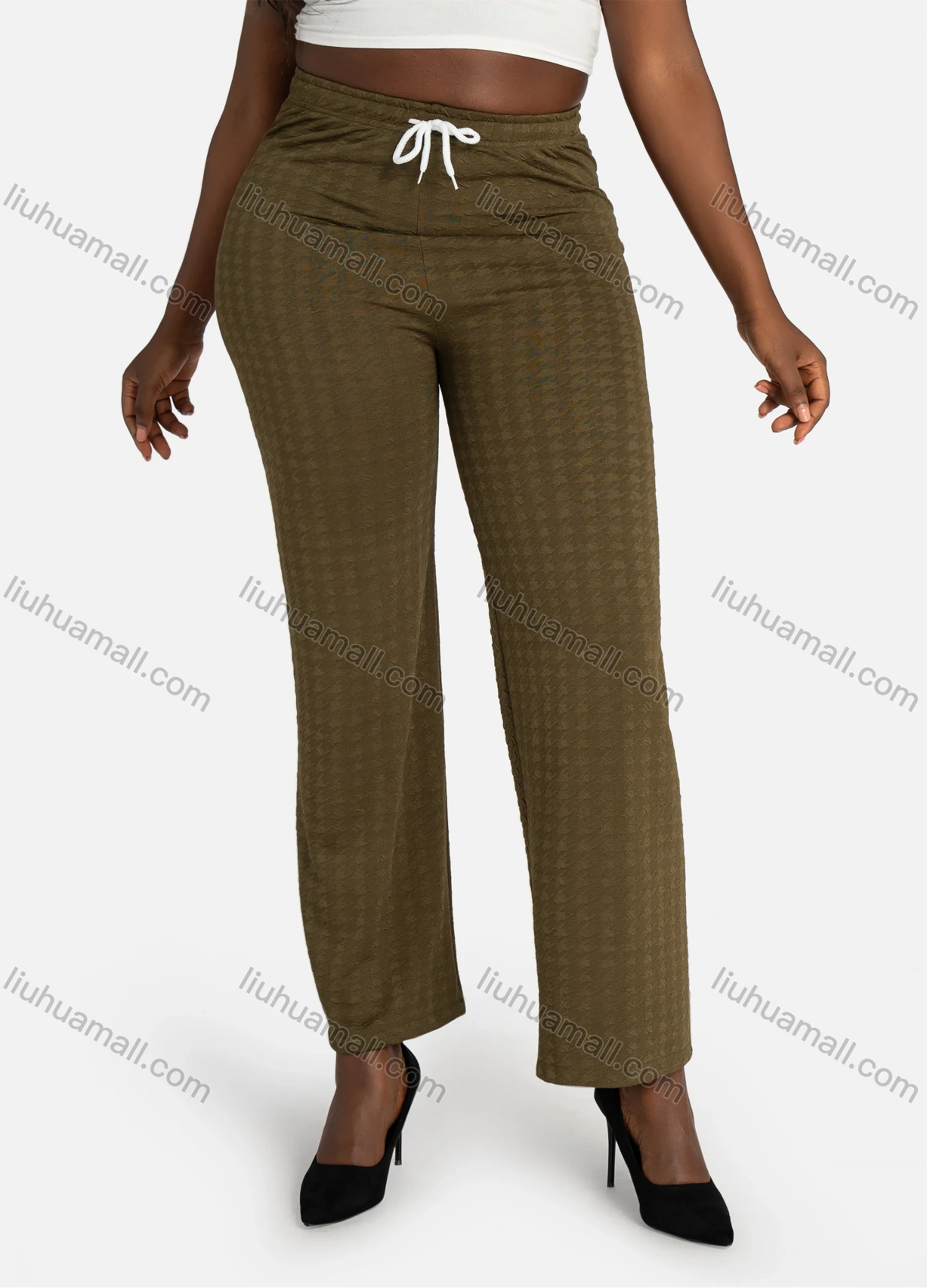 Wholesale Women's Casual Houndstooth Jacquard Plain Drawstring High Waist Wide Leg Pants - Liuhuamall