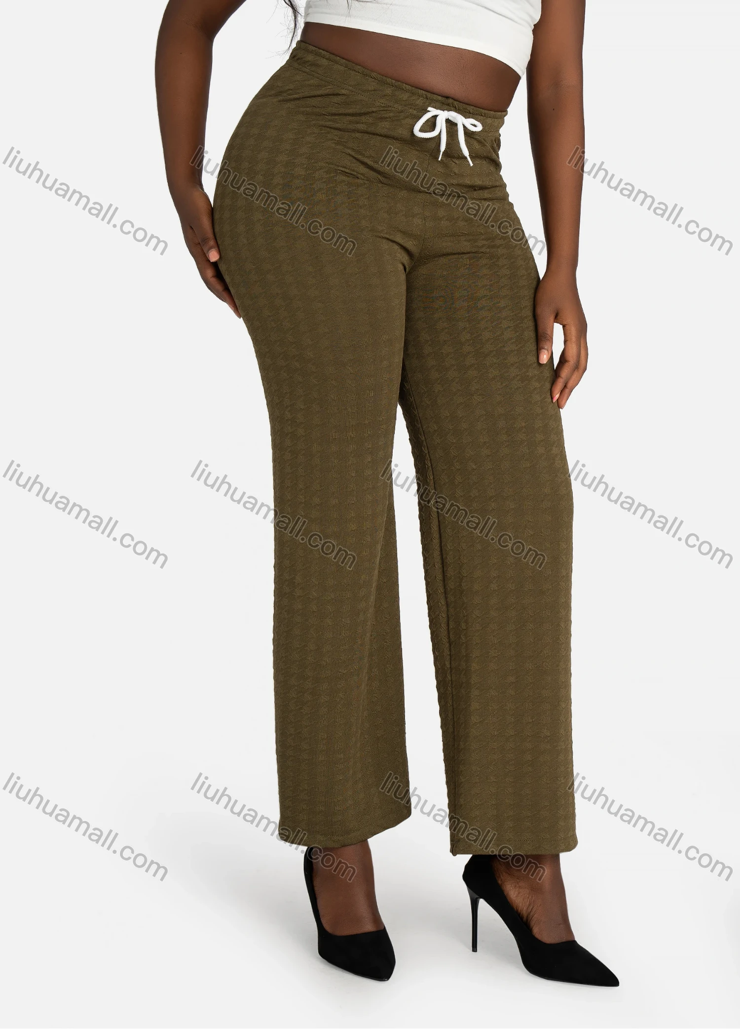 Wholesale Women's Casual Houndstooth Jacquard Plain Drawstring High Waist Wide Leg Pants - Liuhuamall