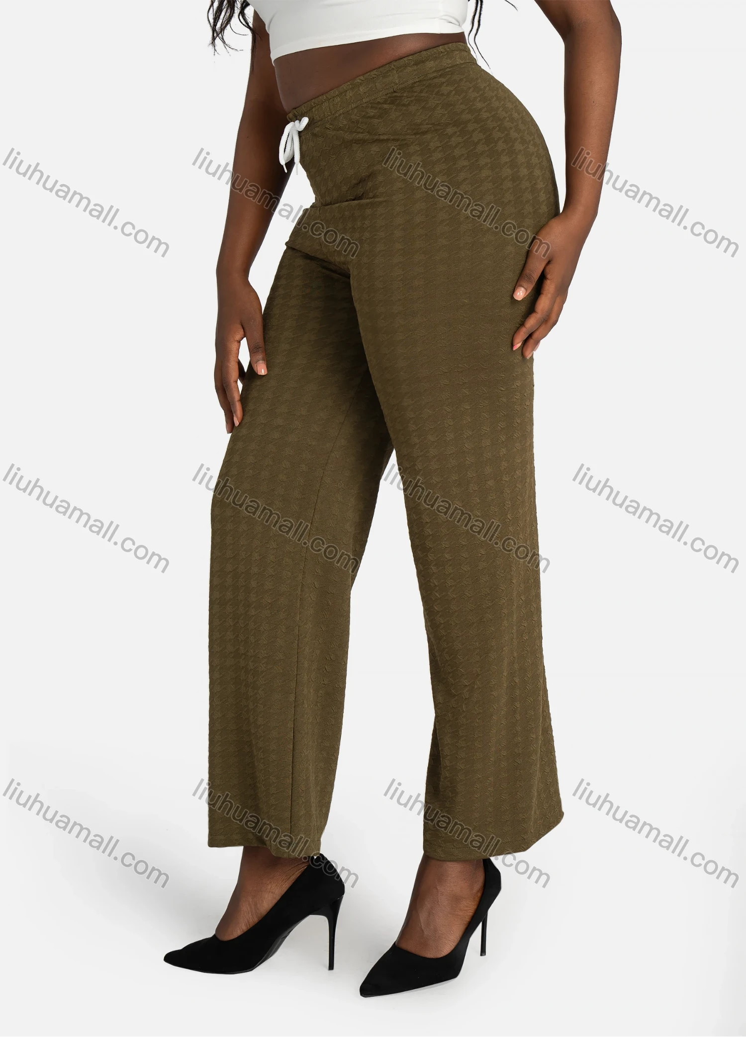 Wholesale Women's Casual Houndstooth Jacquard Plain Drawstring High Waist Wide Leg Pants - Liuhuamall