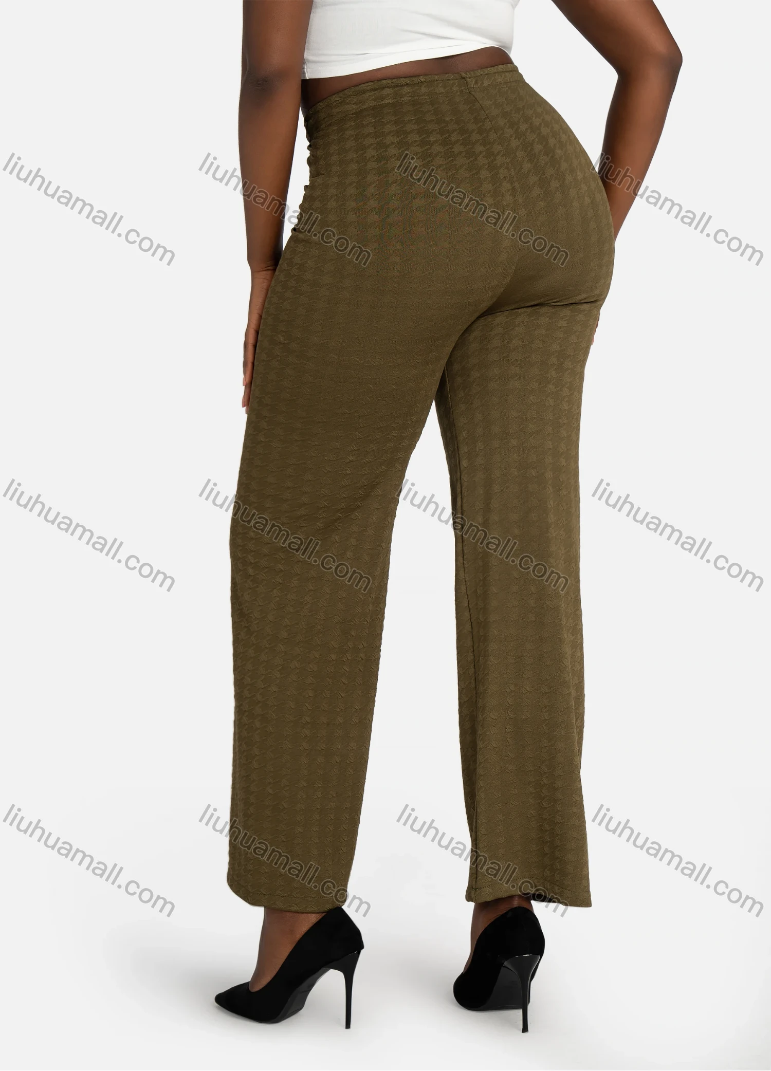 Wholesale Women's Casual Houndstooth Jacquard Plain Drawstring High Waist Wide Leg Pants - Liuhuamall