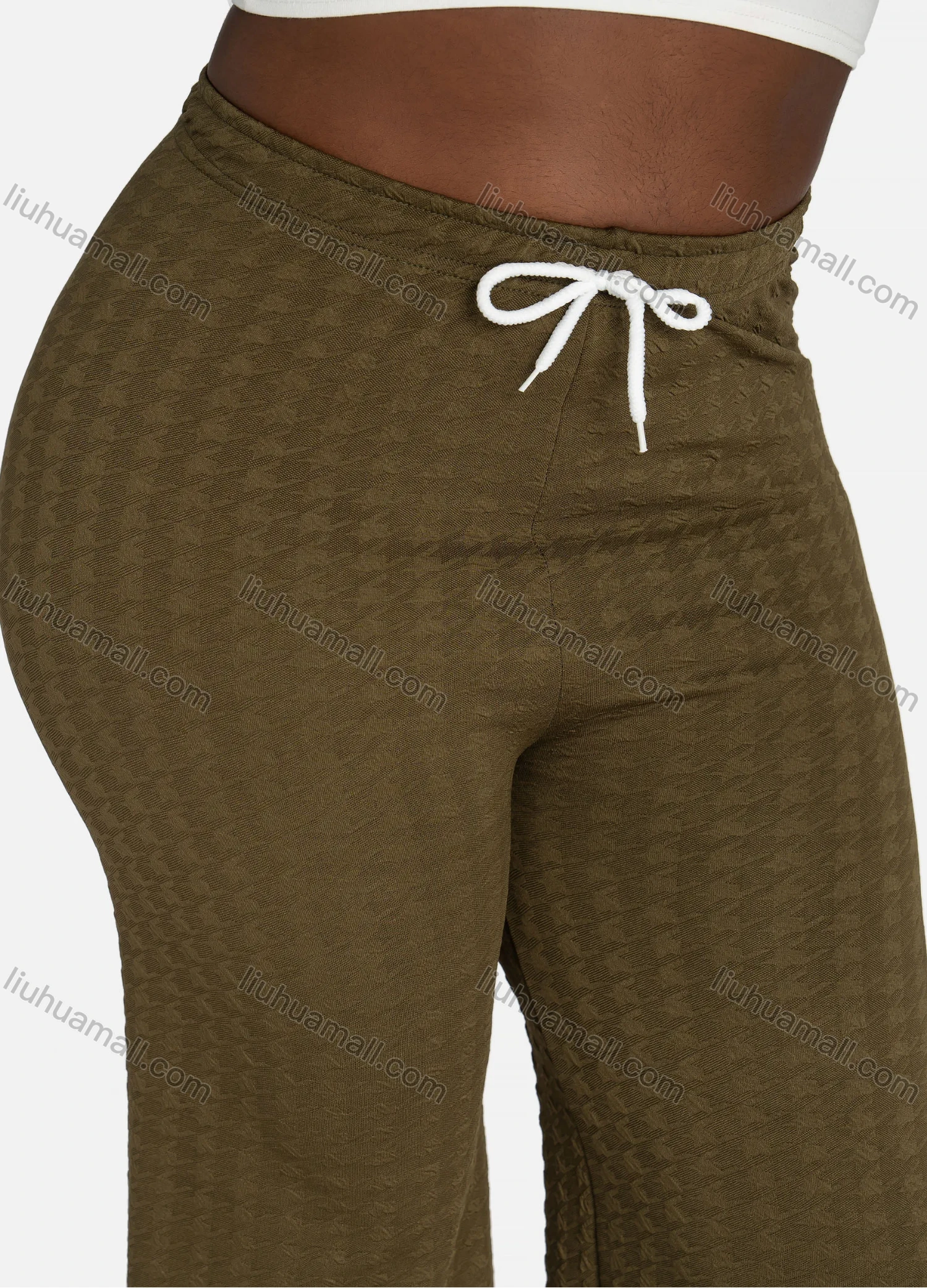 Wholesale Women's Casual Houndstooth Jacquard Plain Drawstring High Waist Wide Leg Pants - Liuhuamall