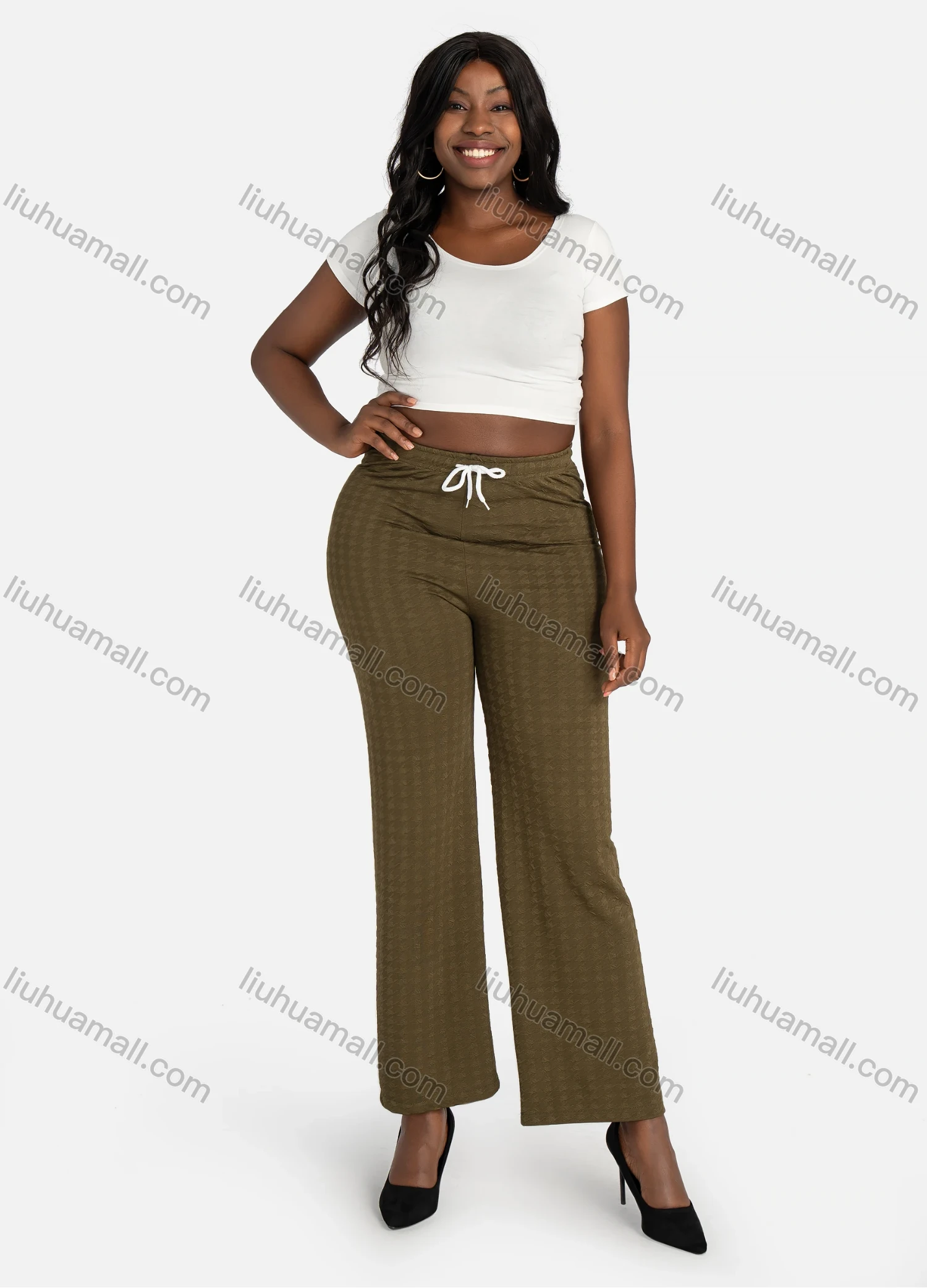 Wholesale Women's Casual Houndstooth Jacquard Plain Drawstring High Waist Wide Leg Pants - Liuhuamall