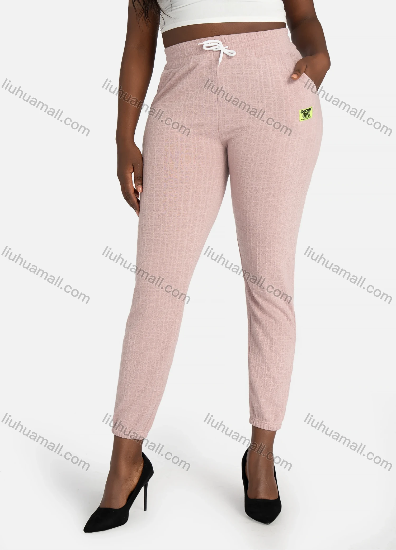 Wholesale Women's Casual Slim Fit Jacquard Plain High Waist Pants With Drawstring - Liuhuamall