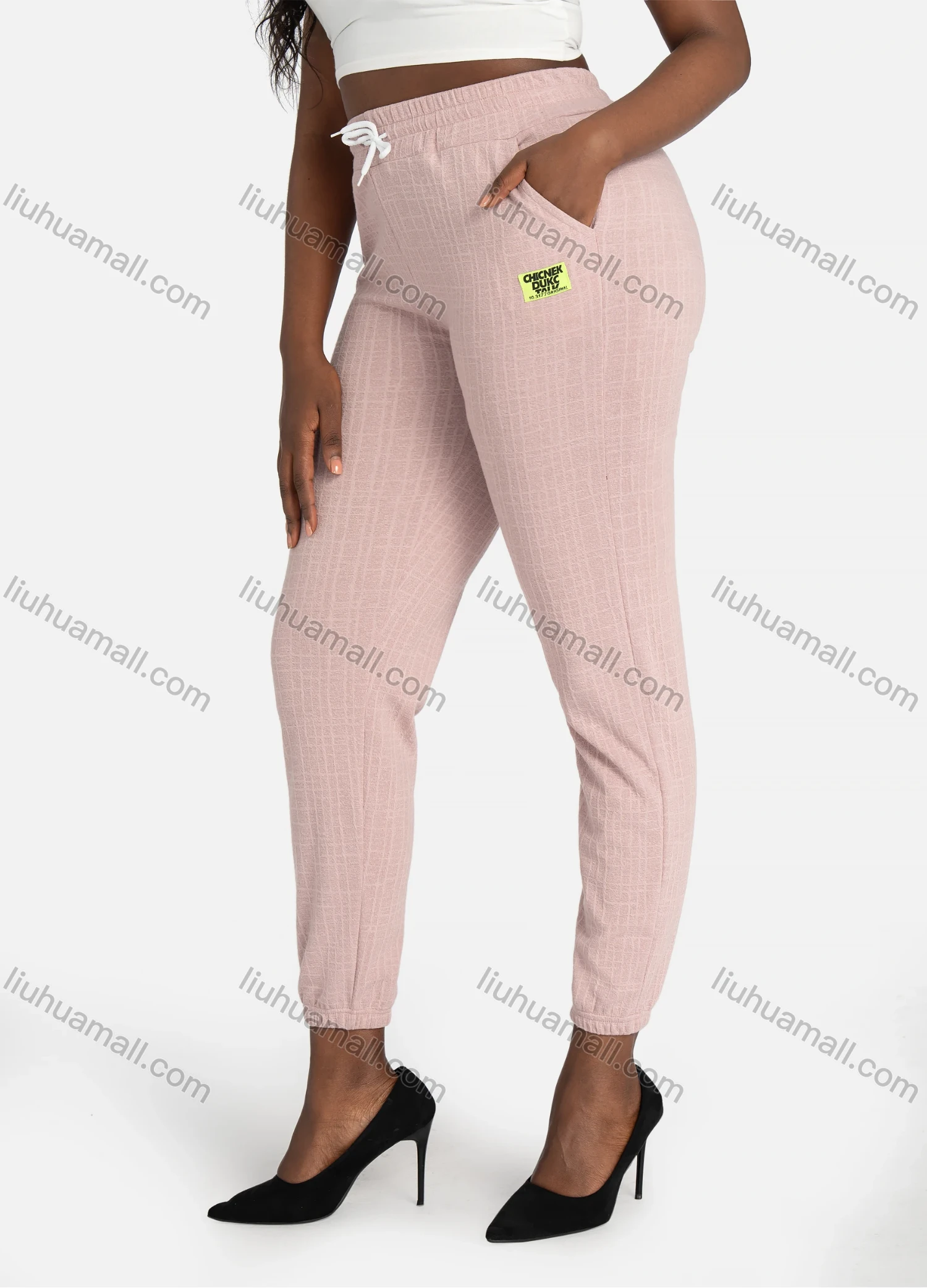 Wholesale Women's Casual Slim Fit Jacquard Plain High Waist Pants With Drawstring - Liuhuamall