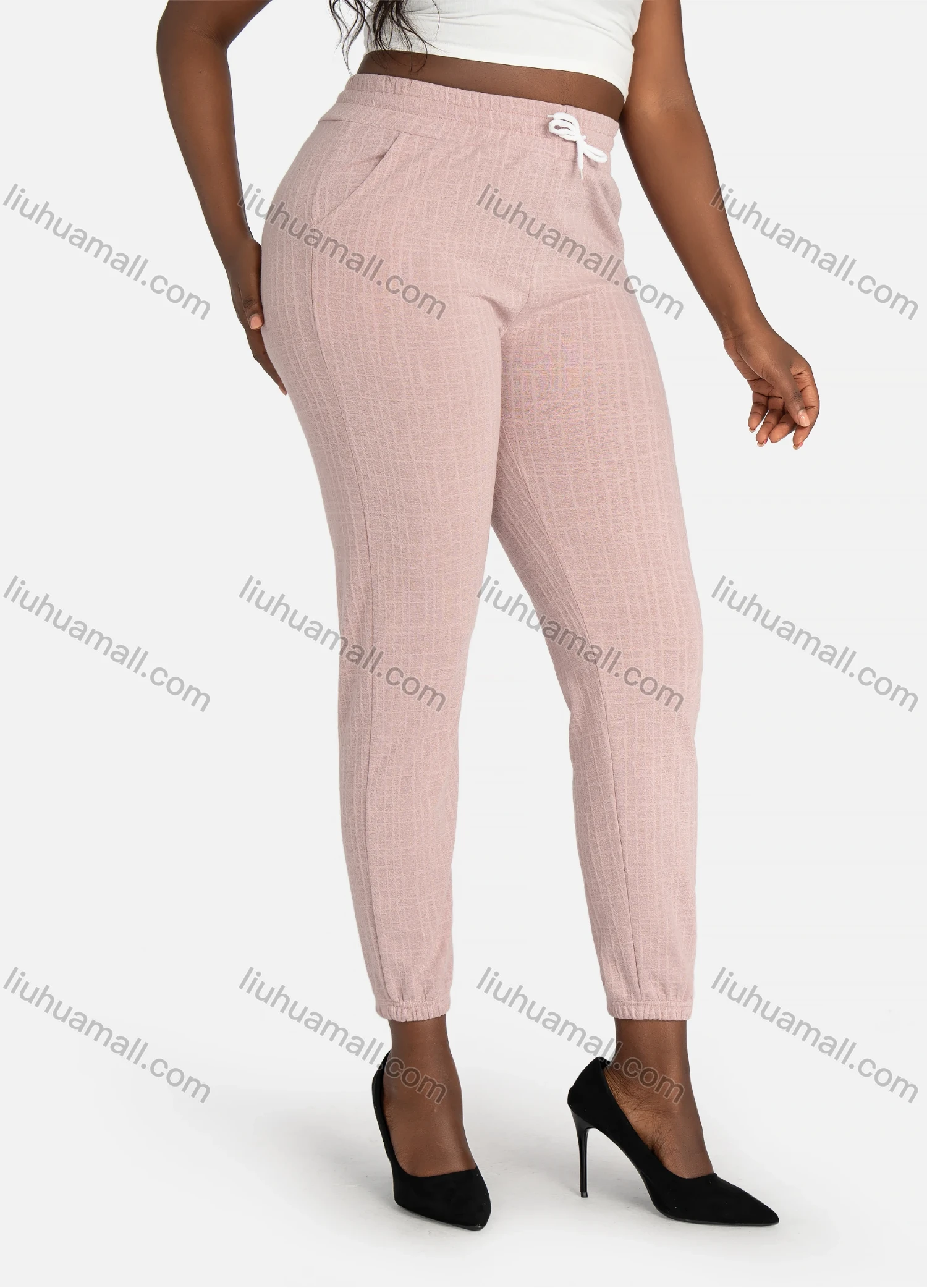 Wholesale Women's Casual Slim Fit Jacquard Plain High Waist Pants With Drawstring - Liuhuamall