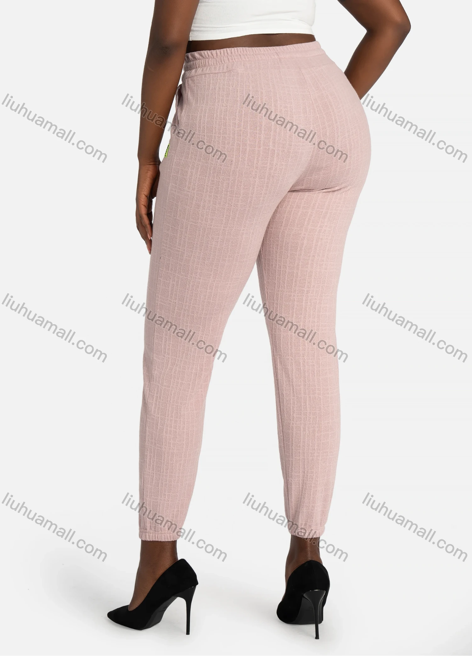 Wholesale Women's Casual Slim Fit Jacquard Plain High Waist Pants With Drawstring - Liuhuamall