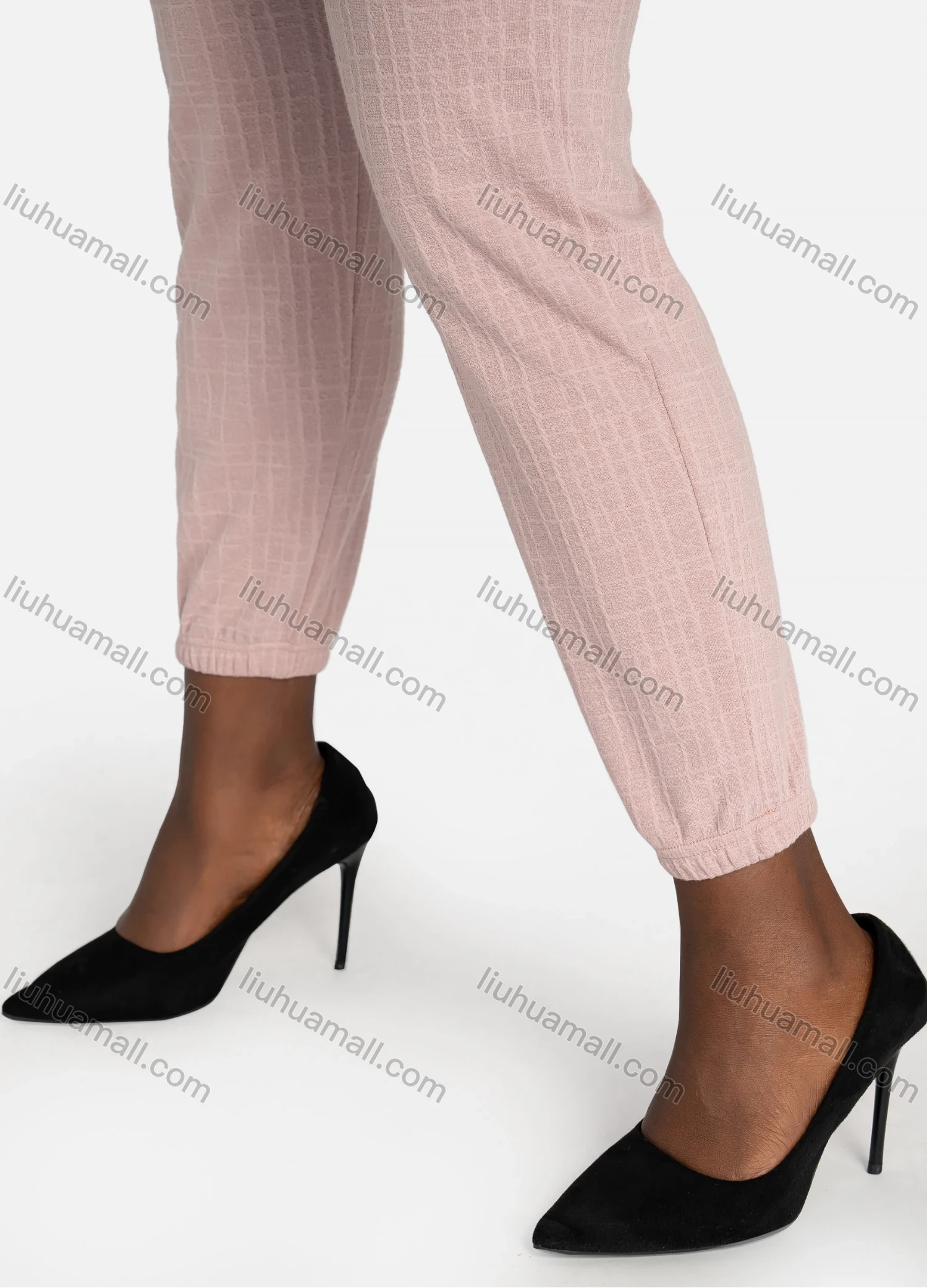 Wholesale Women's Casual Slim Fit Jacquard Plain High Waist Pants With Drawstring - Liuhuamall