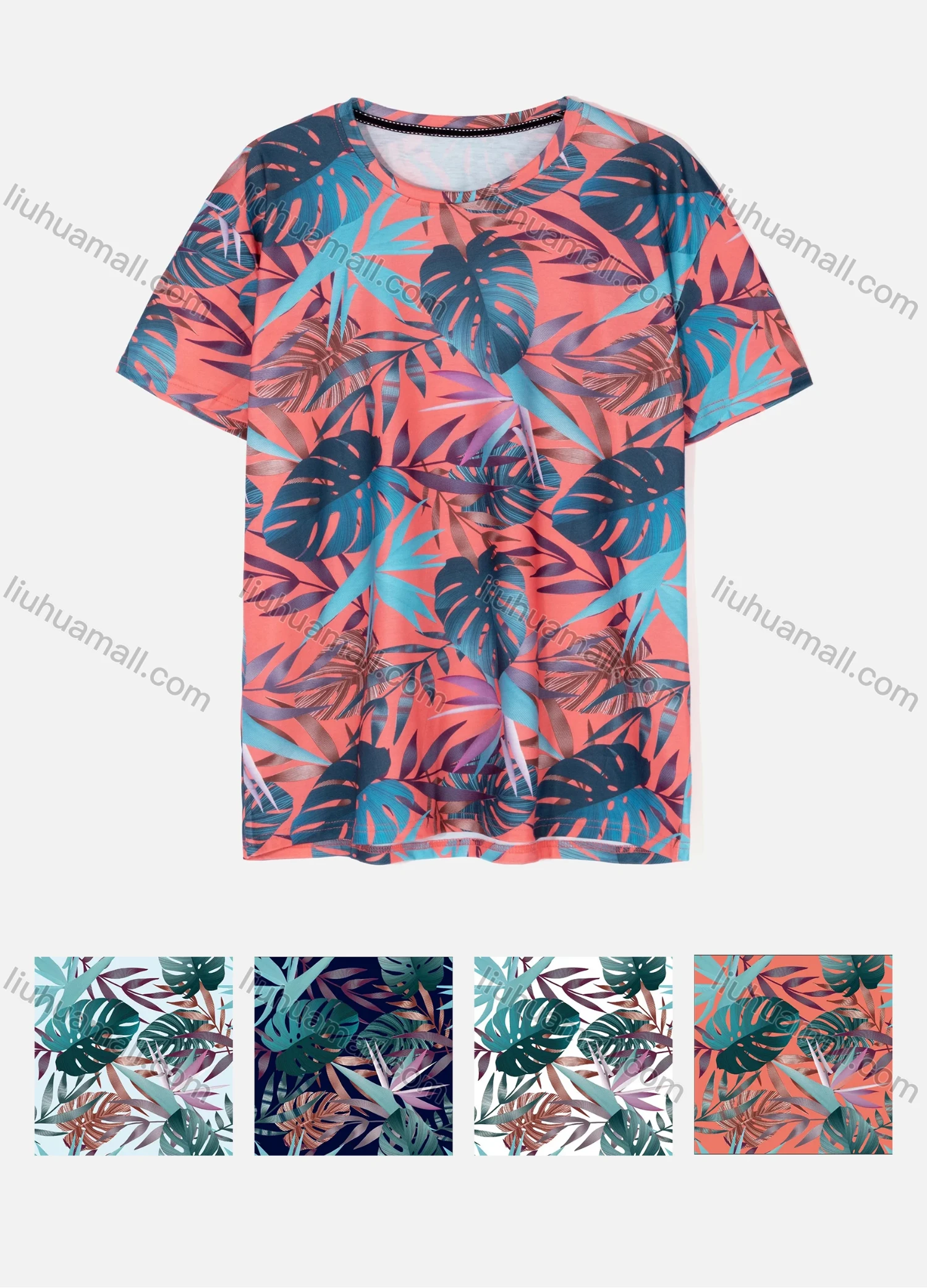 Wholesale Men's Casual Crew Neck Short Sleeve Tropical Plant Print T-shirts 07# - Liuhuamall